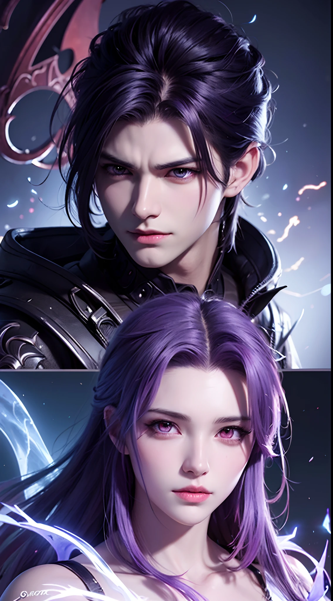 anime character with purple hair and glowing eyes in front of a dark background, handsome guy in demon slayer art, epic fantasy art style, badass anime 8 k, epic fantasy digital art style, detailed digital anime art, human male demon, portrait of hades, epic fantasy art style hd, fierce expression 4k, demon male, extremely detailed artgerm
