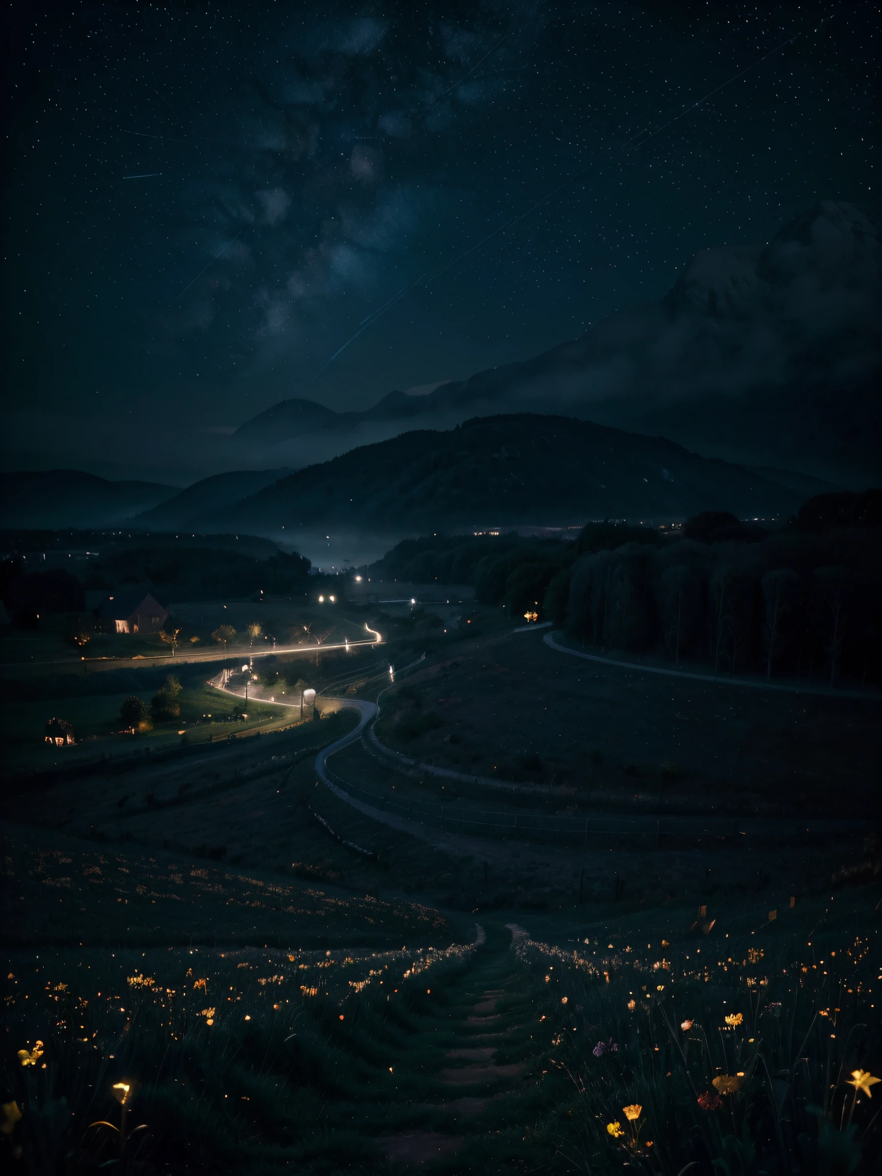 Starry night sky, nighttime scene, elegant and mysterious, misty atmosphere, background with a lively soirée, no characters, 3:4 aspect ratio, vibrant and bright colors, reminiscent of the Renaissance and Romanticism art styles, with a touch of Fauvism. The image should have UHD resolution and be of the best quality.