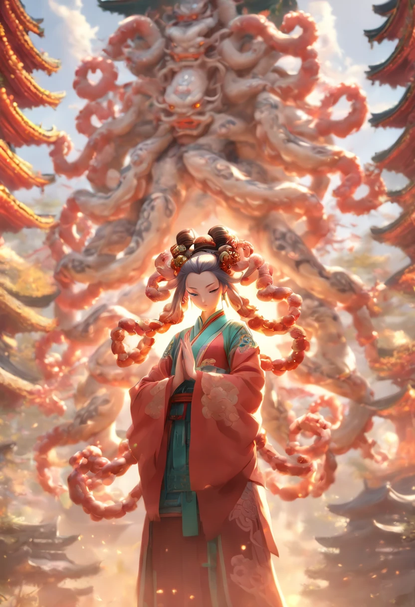 (((eight arms))) best quality, very high resolution, 4K detailed CG, masterpiece, woman, eight arms, Chinese temple, Chinese people, Chinese tribes, Chinese city, forest, aesthetics, beautiful image, centered on screen , whole body