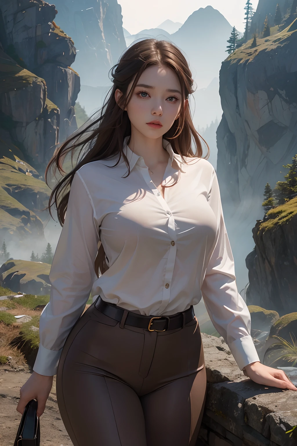 One Beautiful Woman。pale brown hair。Beautiful double eyes。Passed nasal muscle。plump lips。She is wearing a business suit。In the misty mountains where she stands。He has a slightly frightened expression on his face.。Masterpiece。8K image quality。