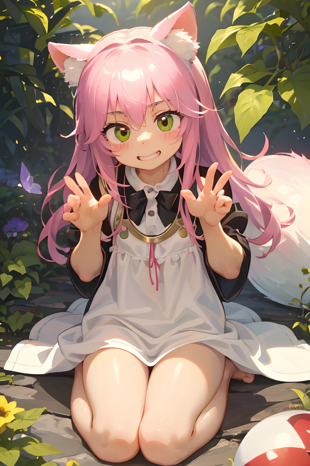 (best quality,4k,8k,highres,masterpiece:1.2),ultra-detailed,(realistic,photorealistic,photo-realistic:1.37),A cute cat girl playing with a ball, happy, barefoot,soft fur,flexible body,playful, enchanting, joyful, innocent smile,expressive eyes,fantastic garden setting,green grass, colorful flowers,warm sunlight,peaceful atmosphere,furry cat ears,curious cat tail,magical glowing ball,sparkling eyes,pink and white dress,lovely expression,pure happiness,toy mouse,cheerful energy, youthful innocence, enchanting pose, playful leap, carefree spirit, cheerful laughter, captivating gaze,colorful butterflies fluttering around,playful interaction, magical aura, vibrant colors,happiness-filled moment, whimsical surroundings,immersing in the playful joy,delightful playtime,giggles and purrs,delicate whiskers,loved and adored