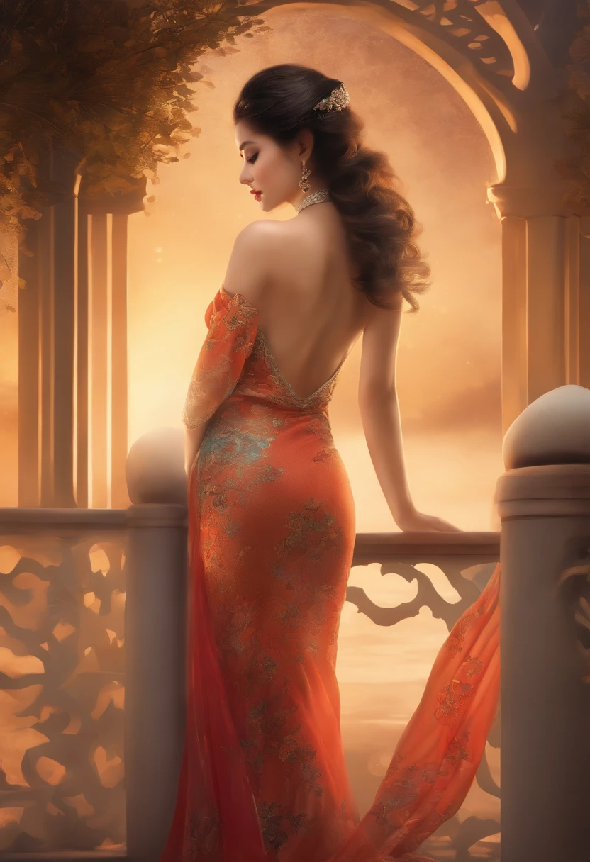 The art depicts a charming woman dressed in a flowing, oriental transparent dress, decorated with sexy patterns and bright colors. Showing small round ass, Her transparent dress drapes elegantly over her curvy figure, accentuating her seductive silhouette. She stood gracefully in the quiet moonlit night, bathed in the soft glow of the moonlight. The scene exudes an ethereal and dreamy atmosphere, with a touch of mystery and sexiness. The graphic style blends watercolor and digital illustration techniques to evoke a refined beauty and charm. The lights are filled with soft moonlight, casting soft highlights and shadows on her charming features. Bare buttocks, three-dimensional facial features, lying on bed, clear eyes, topless, visible,full body,