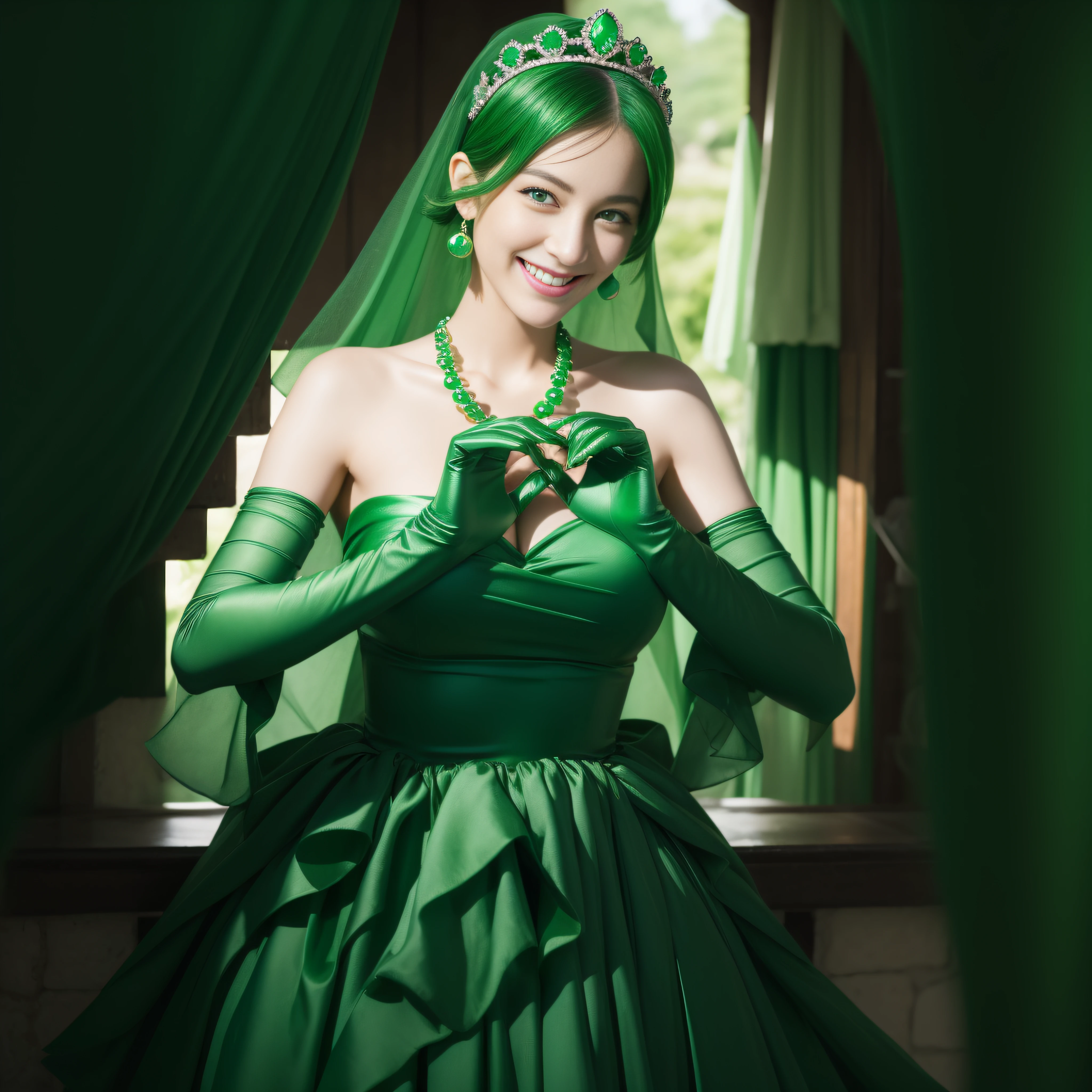 emerald tiara, Green Pearl Necklace, Boyish very short green hair, lipsticks, Japan woman smiling, very short short hair,  big breasts beautiful, Green eyes, Long green gloves made of satin material, Green eyes, Emerald Earrings, green vale, Heart with both hands,Green hair