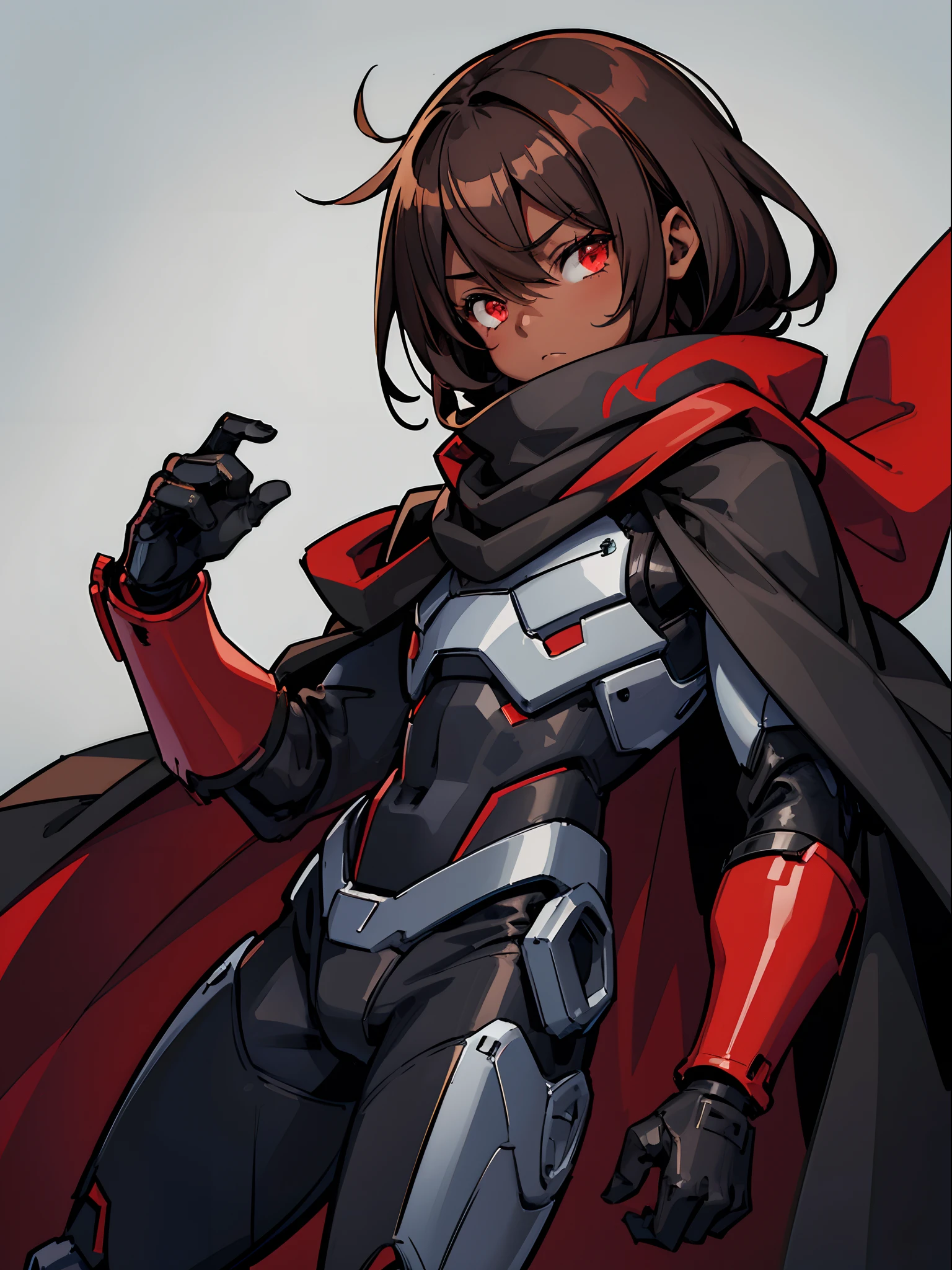 Masterpiece High res, cute (1 shota) dark skin , with red eyes, long dark brown hair, {Hero, I quit a long time} ago, wearing a black exosuit, black mecha gaunlets, black hooded scarf cloak,