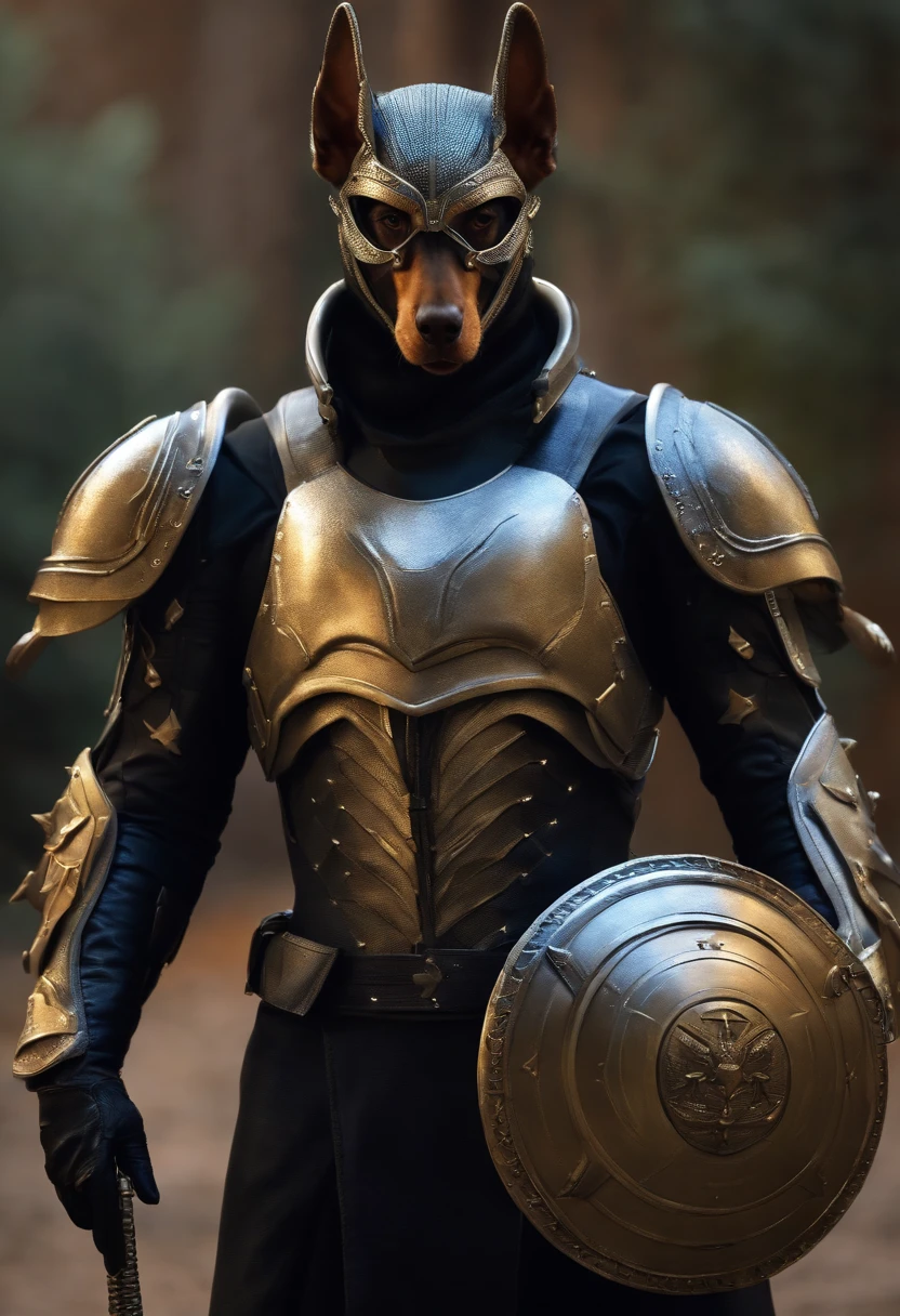 Doberman wearing alien armor, holding shield and sword, military beret, UHD, anatomically correct, textured skin, super detail, high quality, 16k