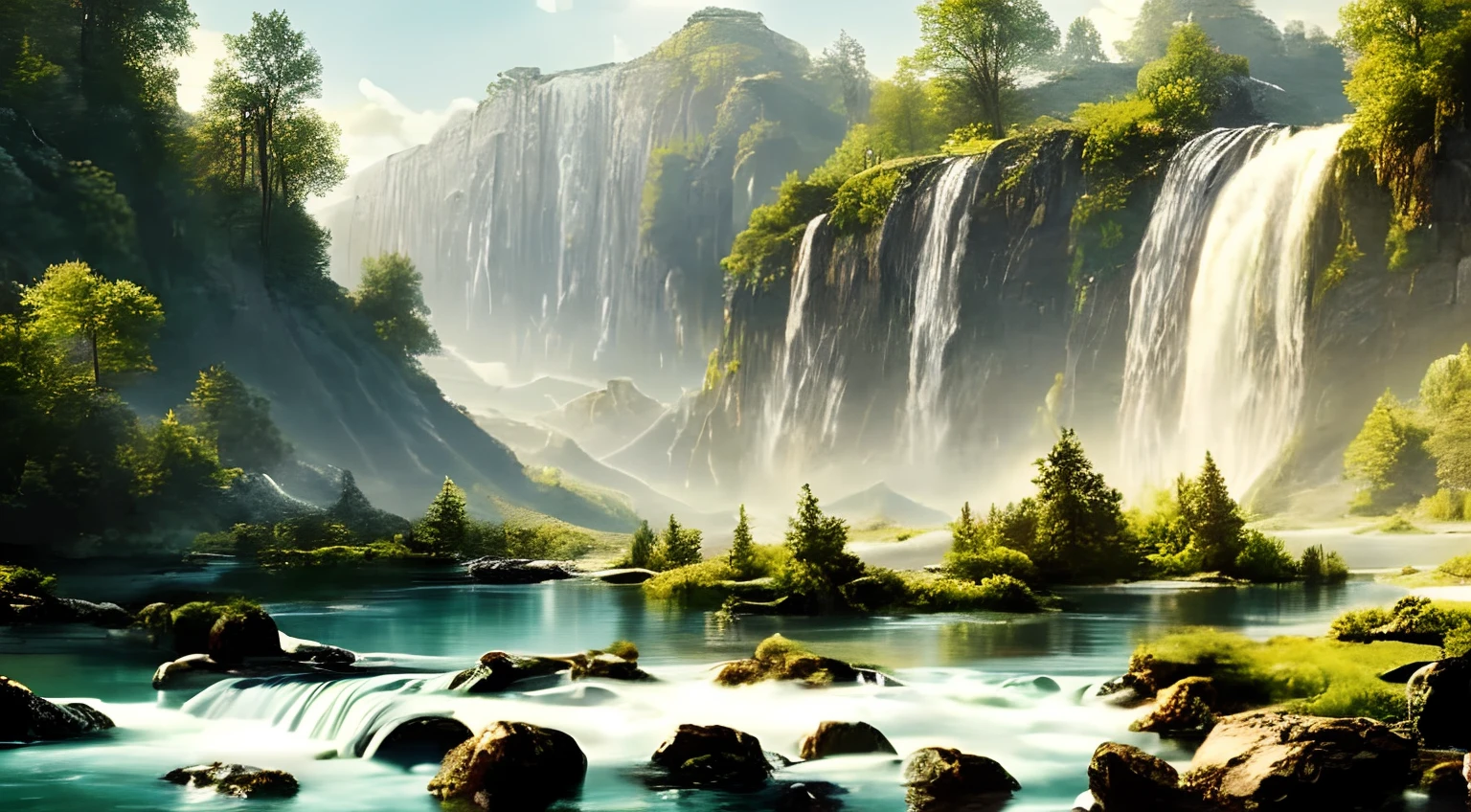 Es gibt einen Wasserfall in der Mitte eines Tals mit einem Berg im Hintergrund, ein detailreiches Matte Painting von Franz Hegi, Shutterstock, Renaissance, Episch und atemberaubend, Majestic natural scenery, High waterfalls, Epicly beautiful scenery, several waterfalls, incredibly beautiful, Waterfalls in the background, mit Fluss, Atemberaubende Landschaft, 8K UHD