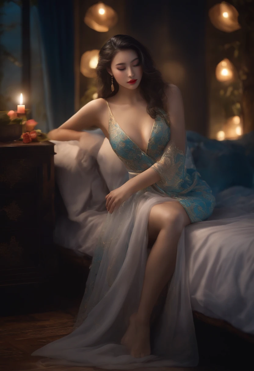 The art depicts a charming woman dressed in a flowing,  oriental transparent dress, decorated with sexy patterns and bright colors. Showing small round ass, Her transparent dress drapes elegantly over her curvy figure, accentuating her seductive silhouette. She stood gracefully in the quiet moonlit night, bathed in the soft glow of the moonlight. The scene exudes an ethereal and dreamy atmosphere, with a touch of mystery and sexiness. The graphic style blends watercolor and digital illustration techniques to evoke a refined beauty and charm. The lights are filled with soft moonlight, casting soft highlights and shadows on her charming features. Bare buttocks, three-dimensional facial features, lying on bed, clear eyes, topless,  visible,full body,