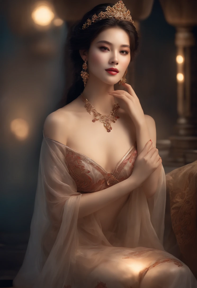 The art depicts a charming woman dressed in a flowing, oriental transparent dress, decorated with sexy patterns and bright colors. Showing small round ass, Her transparent dress drapes elegantly over her curvy figure, accentuating her seductive silhouette. She stood gracefully in the quiet moonlit night, bathed in the soft glow of the moonlight. The scene exudes an ethereal and dreamy atmosphere, with a touch of mystery and sexiness. The graphic style blends watercolor and digital illustration techniques to evoke a refined beauty and charm. The lights are filled with soft moonlight, casting soft highlights and shadows on her charming features. Bare buttocks, three-dimensional facial features, lying on bed, clear eyes, topless, visible,full body,