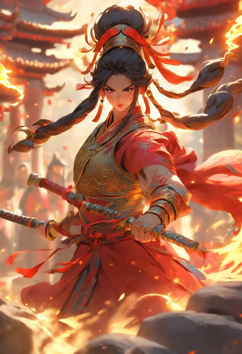(((Chinese warrior))) best quality, very high resolution, 4K detailed CG, masterpiece, woman, Erlang Shen, Chinese temple, Chinese people, Chinese tribes, Chinese city, forest, aesthetics, beautiful image, centered on screen , whole body