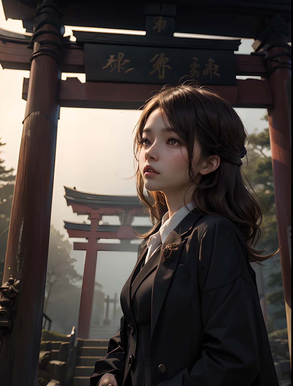 A woman wearing a business suit.A beautiful woman looks up at the torii gate of a shrine. She has light brown hair that reaches around her shoulders.Fog hangs in around the shrine, giving it an eerie atmosphere. Slender. She is wearing a black business suit. She looks surprised at something. 8K image quality.