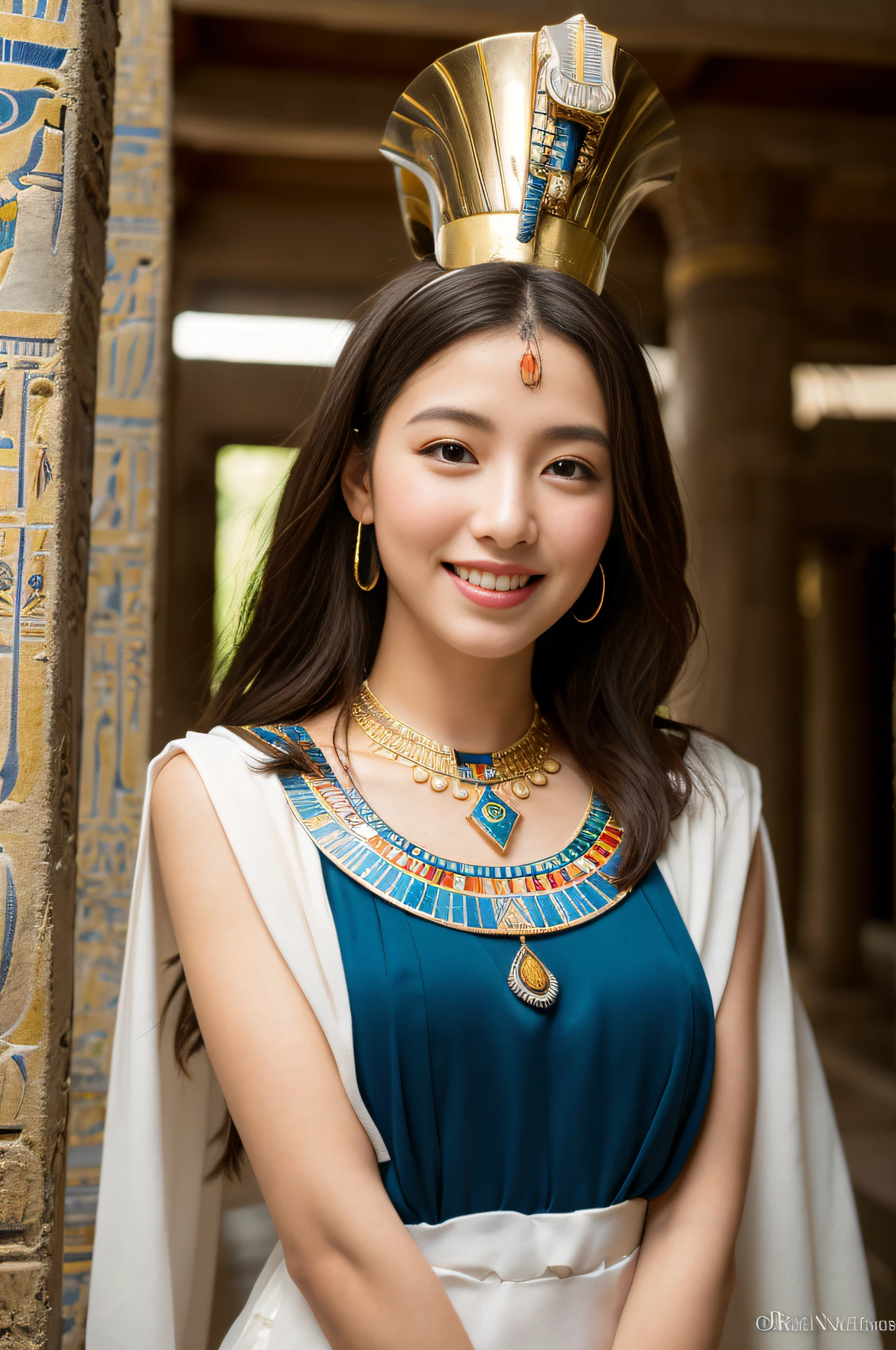 (((ancient egyptian Kalasiris))),(((ancient egyptian queen headpiece))),(((bib necklace))),(((bare inner thigh))),(((bangle))),(((ancient egypt traditional white sheer fabric cape))),ulzzang-6500-v1.1, (Raw photo:1.2), (Photo realistic:1.4), a beautiful detailed girl, extremely detailed eye and face, beautiful detailed eyes, ultra-detailed, High resolution, top-quality, masterpiece, highly detailed, 8k wallpaper, Wonderful, finely detail, top-quality, Light on the face,电影灯光,1girl in,(ancient egypt pyramids and sphinx),Beautiful eyes,smile,Opening Mouth