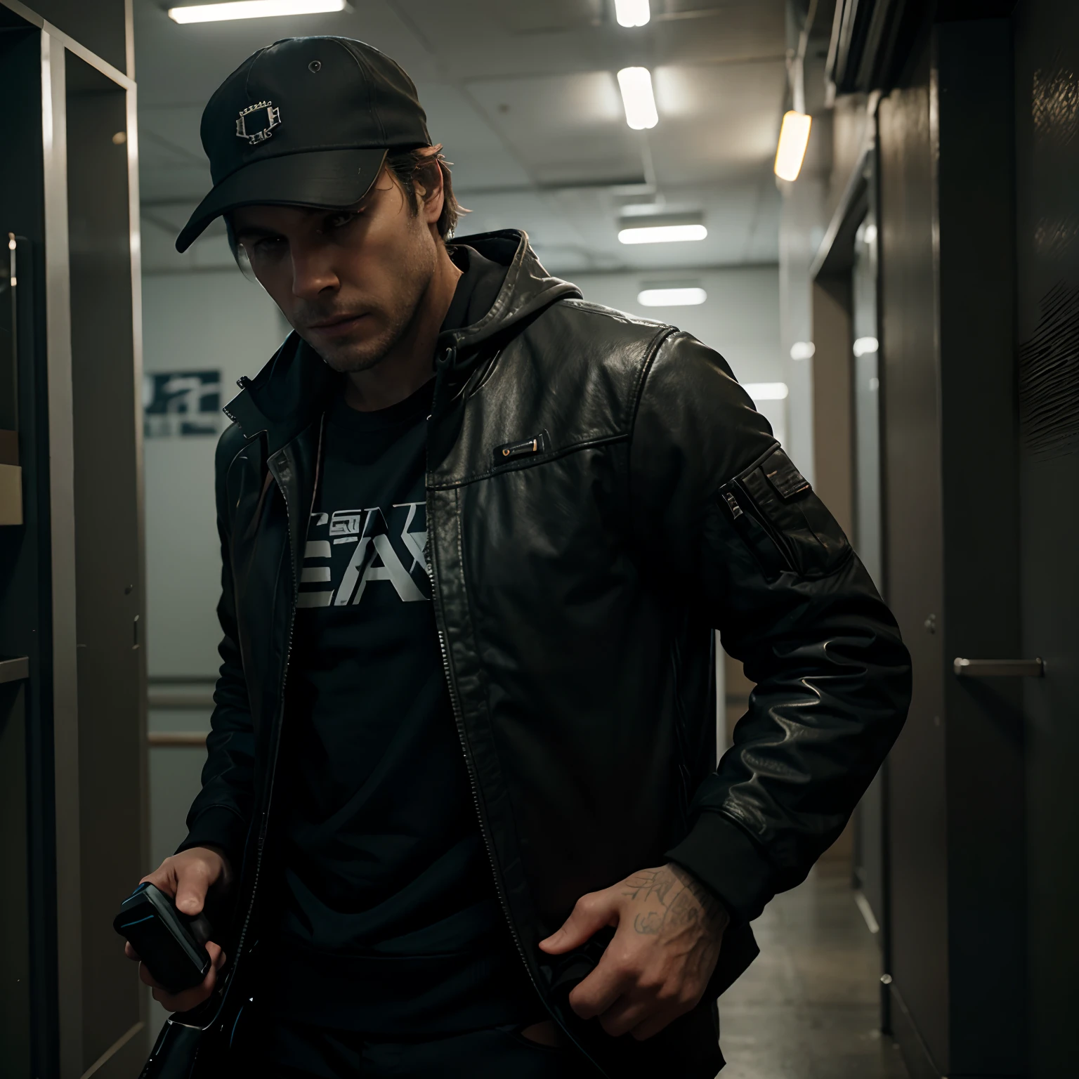male, short brown hair, blue hoodie, black pants, black shoes, holding an gun in one hand, his hand pointing down, leaning against the side of the car.