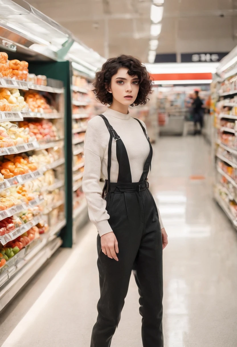 Cute girl black 20 years old curly short hair in full body street outfit looking sensually with stunning eyes in a position ,Cute A slight smile bewitches the whole thing at the exit of the supermarket