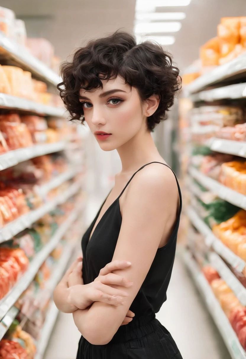 Cute girl black 20 years old curly short hair in full body street outfit looking sensually with stunning eyes in a position ,Cute A slight smile bewitches the whole thing at the exit of the supermarket