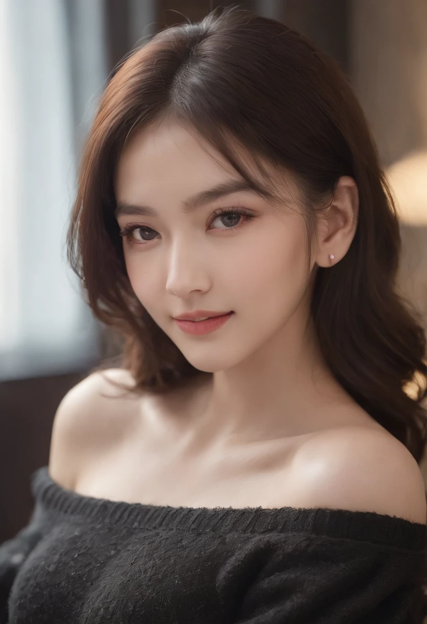 Top Quality, Masterpiece, extra high resolution, Photorealistic, 1 girl, off-shoulder, knit, Smile, Smile, Faint to see, oversized_sweater, soft-lighting, detailed skin, Bangs, black hair, Clear Eyes, short bob hair, Sheer-through, Japan, Korean, a handsome female, upper eyes, lipgloss, Black Thick Choker, teardrops, chest mole, highlights in the eyes