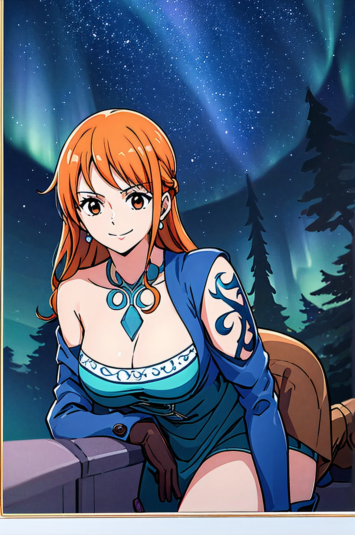 masterpiece, ((ultra detailed background, delicate pattern, intricate detail)), (highly detailed, fine details), best quality, beautiful lighting, ((medium breasts, slim girl)), NamiFinal, ((leather coat, leather boots, gloves)), simple shirt, 1girl, orange hair, solo, long hair, jewelry, brown eyes, smile, earrings, ((blue tattoo, left shoulder tattoo)), (complex detailed background, dark blue, night sky, aurora borealis, pine trees), dark blue lighting from in front