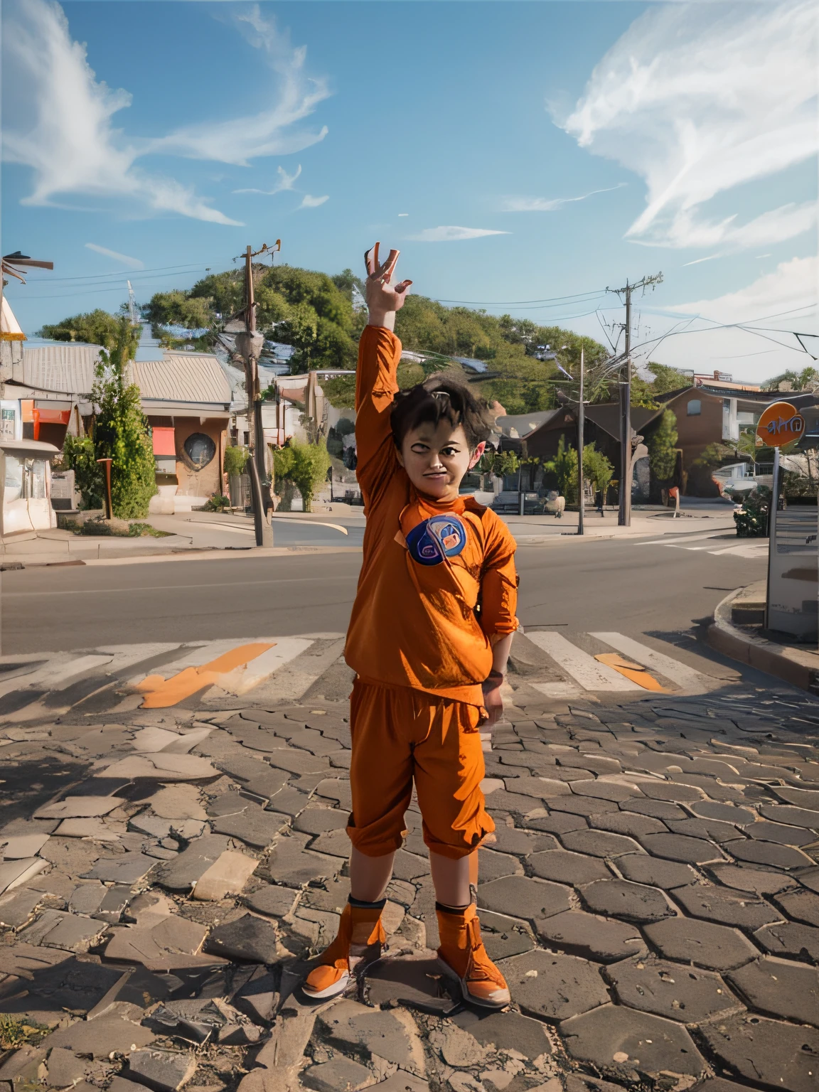 boy dressed as goku from dragon ball in frontal position with one arm up, full body. ultra realistic image, without flaws in the hands, image without errors or flaws, I want an image as if it were a photograph of reality