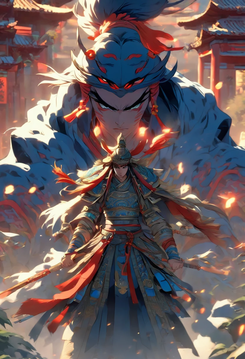 (((Chinese warrior))) best quality, very high resolution, detailed CG in 4K, masterpiece, woman, Erlang Shen, shades of blue, Chinese temple, Chinese people, Chinese tribes, Chinese city, forest, aesthetics, beautiful image , centered on the screen , full body