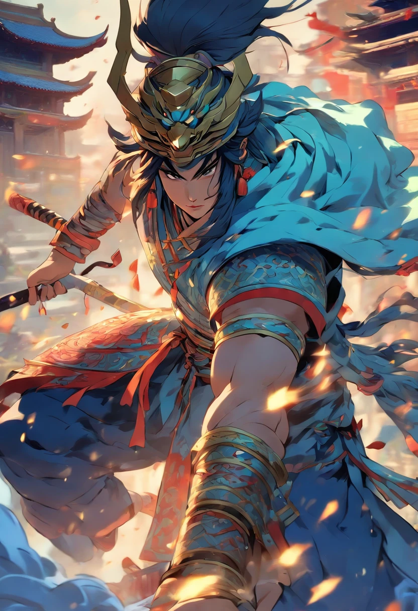 (((Chinese warrior))) best quality, very high resolution, detailed CG in 4K, masterpiece, woman, Erlang Shen, shades of blue, Chinese temple, Chinese people, Chinese tribes, Chinese city, forest, aesthetics, beautiful image , centered on the screen , full body
