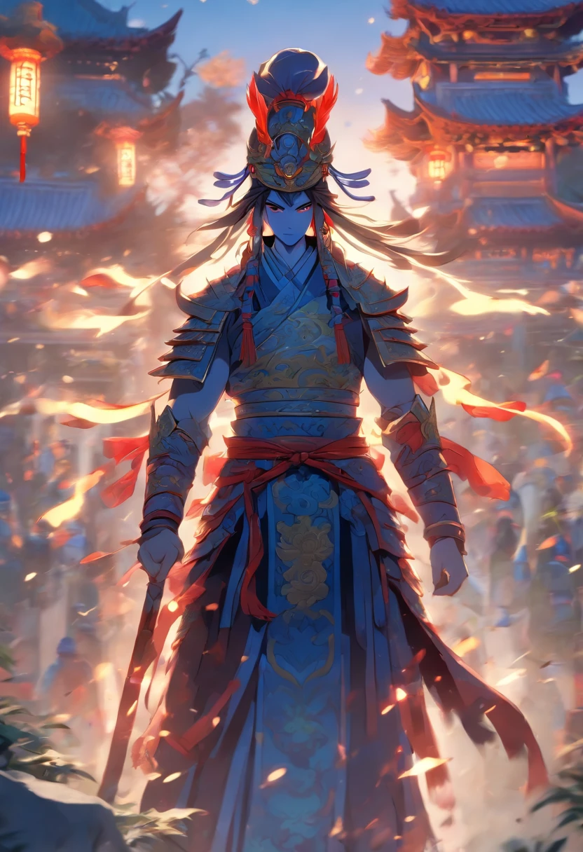 (((Chinese warrior))) best quality, very high resolution, detailed CG in 4K, masterpiece, woman, Erlang Shen, shades of blue, Chinese temple, Chinese people, Chinese tribes, Chinese city, forest, aesthetics, beautiful image , centered on the screen , full body