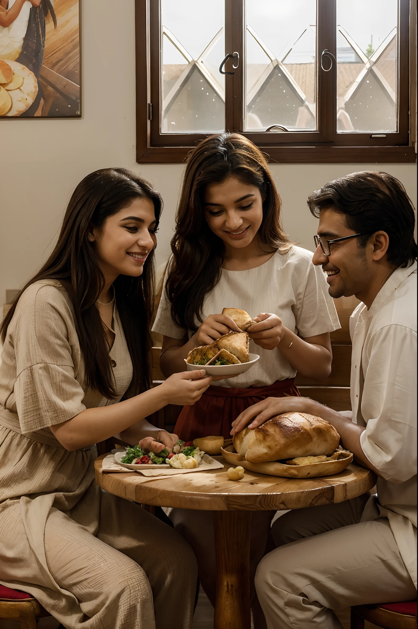 a family of three Iranians sitting at a table and enjoying a meal. The father and mother are both smiling and laughing, and the little daughter is giggling. The family is seated around table in the middle of a cozy living room. The father is wearing a traditional Iranian shirt and pants, and the mother is wearing a long, flowing dress. The daughter is wearing a traditional Iranian dress , The food on the table The roasted chicken is golden brown and glistening, The drinks are in tall glasses, and the bread is in a basket. The kebabs are skewered and cooked to perfection.The light in the room is warm and inviting. The sunlight coming through the window casts a soft glow on the family and the food. The paintings on the walls add a touch of cultural flair to the scene, bread, and kebabs. Soft light streams in from the window, and traditional Iranian paintings hang on the walls,