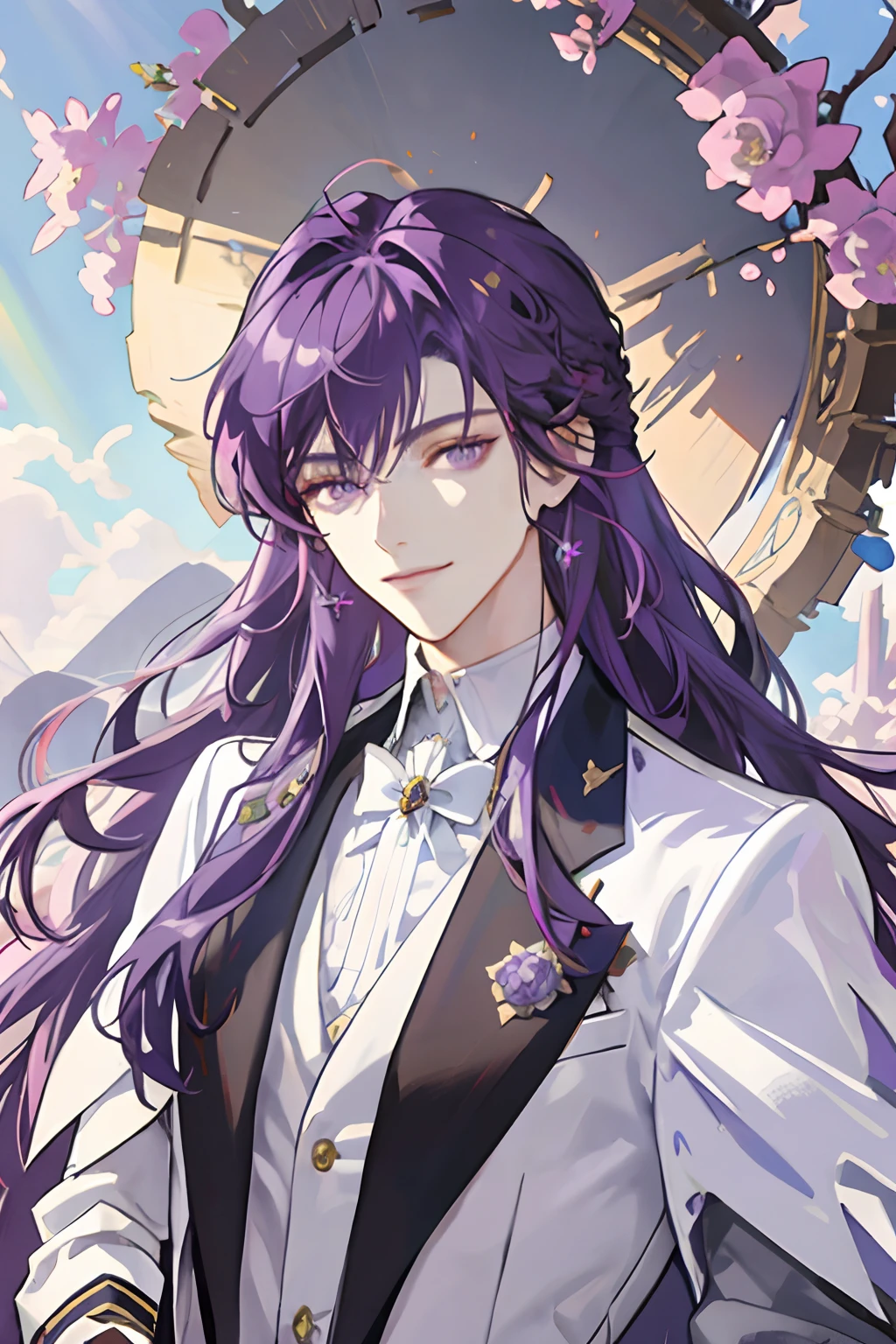 masterpiece: 1.2, best quality)), 1 man, long purple hair, purple eyes (handsome: 1.4), white suit, fantasy, uniform, royalty, forest, blooming flowers, sunlight, fantastic light and shadow, landscape , extremely detailed face, portrait, smile, red earrings, magician, archmage, matu