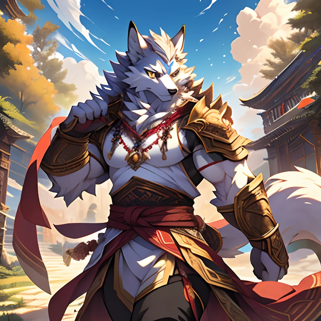 Master masterpieces，Western art，photorealestic，Furry art！！！，male people，musculature，Perfect figure，Higher height，Anthropomorphic fox，Fluffy hair，White fur，White face，Elaborate Eyes，gold eyes，white  clothes，decorated in white，long sword，depth of fields，Perfect body，light particules，best qualtiy，tmasterpiece，Hyper-detailing，Sharp focus，light particules，battleground background，A high resolution，fluffy body，serious，energy，Visual energy，Slash and kill enemies，Consistent with the structure of the human body，Handsome，divino