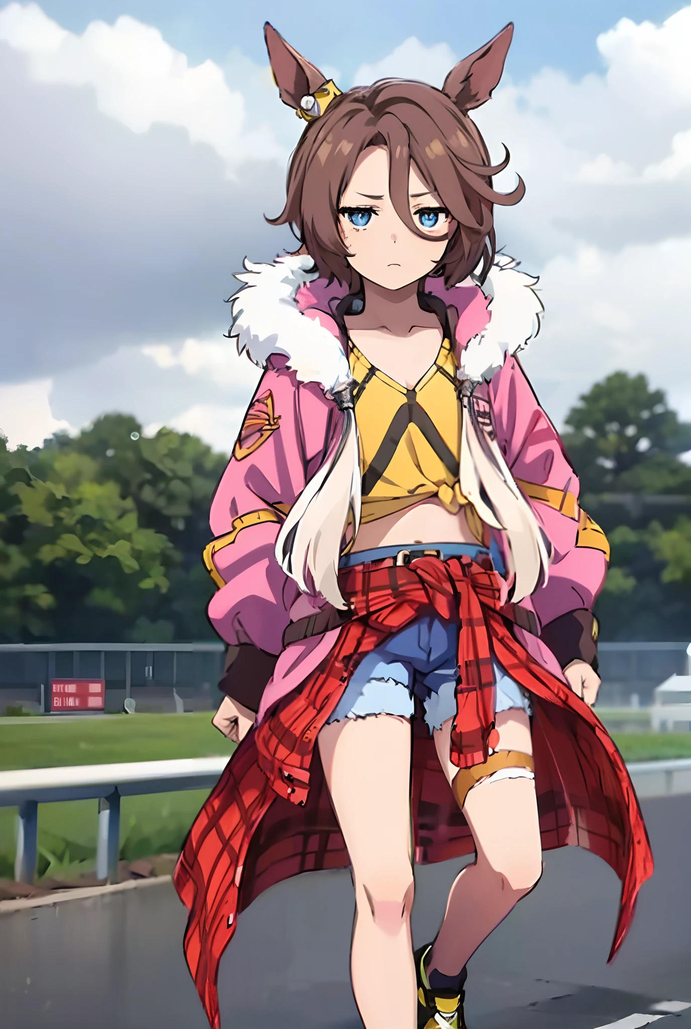 1girl,(full_body :1.2),outdoors,Racecourse,cropped,sanpaku eyes,Jig eyes,eye focus,small pupil,center parted bangs,upper body,surly,looking at viewer,half-closed_eyes,expressionless,empty eyes,narita taishin \(umamusume\),(light brown hair:1.4) ,jitome,torn jeans, (asymmetrical clothes:1.1), belt, pink jacket,fur-trimmed jacket, jacket around waist, clothes around waist, midriff, long sleeves, tied shirt, open clothes, yellow shirt, mismatched footwear, asymmetrical footwear,beautiful detailed eyes