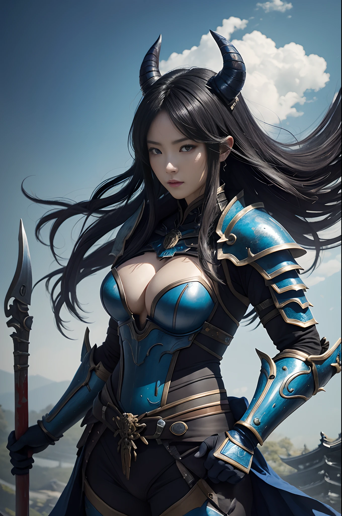 (onimous)、Demon Mask、Super beautiful、Solo adult demon woman in blue armor、Like the whole body、(Armed with a long and large spear)、Mature Woman Big Female Demon。Rugged jaws(Like the real thing),Stand facing the front,Demon Armor,magnificent artwork,((Kyoto panel painting style))、Wind-effect:1.9、Cloud Effects:1.2、Full Rendering、Encaustic Painting,unrealengine,