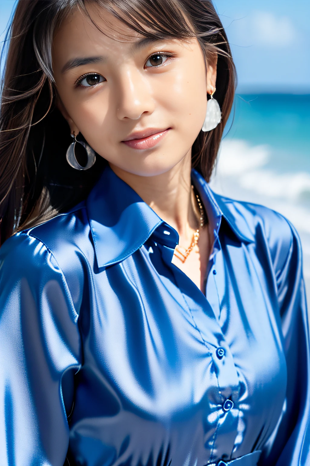 (Masterpiece:1.3), (8K), (Best Quality:1.4), (UHD), (Photorealistic), (Raw Photography), (1girl), (Ultra High Details), (Detailed face), perfect face, (Detailed hair), Beautiful hair, bangs, Layer Cut, (symmetrical eyes:1.3), (Detailed eyes), (Detailed skin), Realistic skin, Ultra high definition, (medium breasts:0.6), (slim figure), (super model figure), gentle smile, Japanese young cute girl,
(wearing a Iron Blue damask pattern shirt), earrings, necklace,
Portrait, On the beach in Okinawa, close up face:1.3,