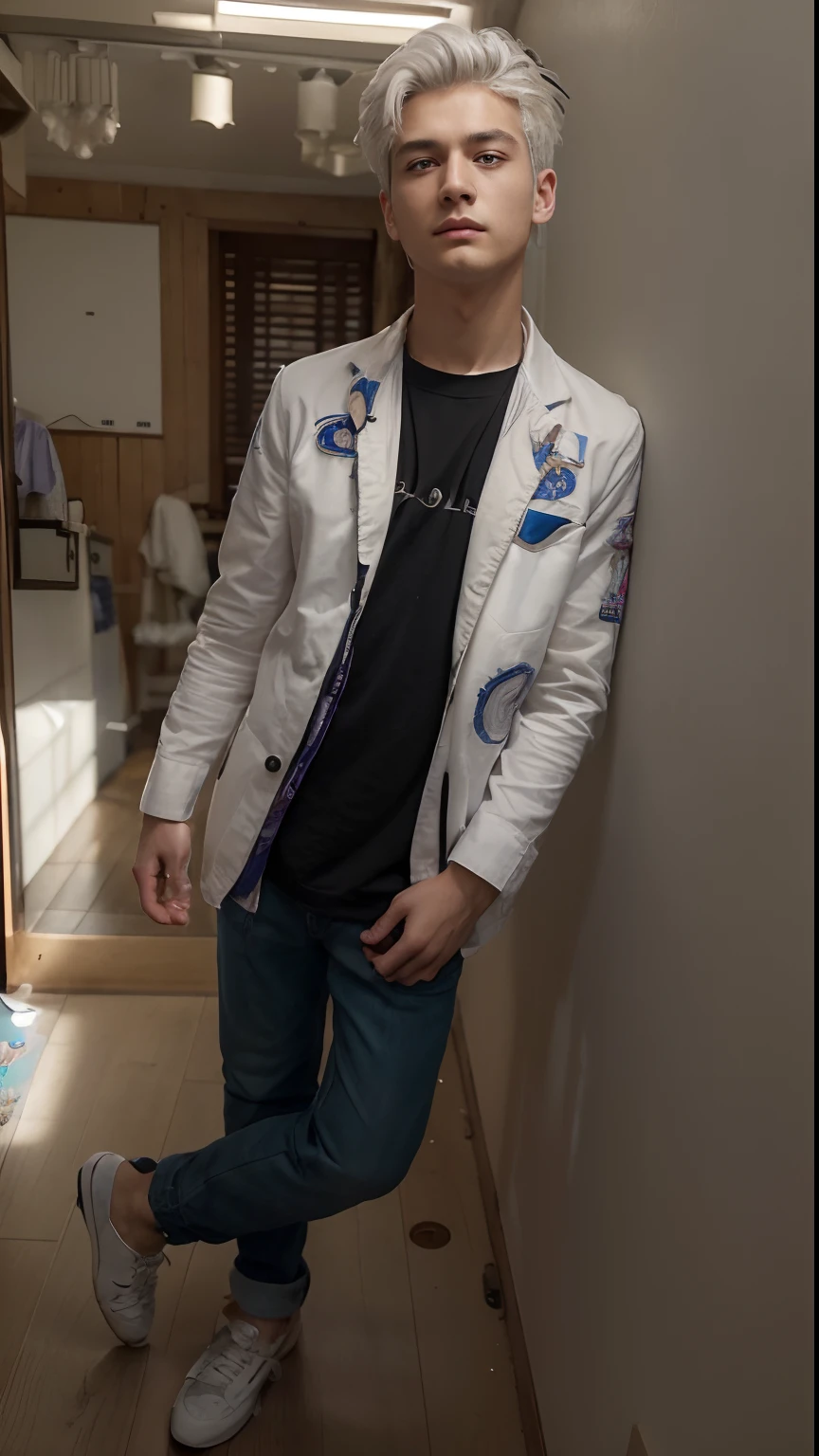 (absurderes、hight resolution、ultra-detailliert、HDR)、masterpiece、top-quality、male child、独奏、a handsome、shorth hair、white hair、finely eye and detailed face、Casual clothing、Real Shadows、