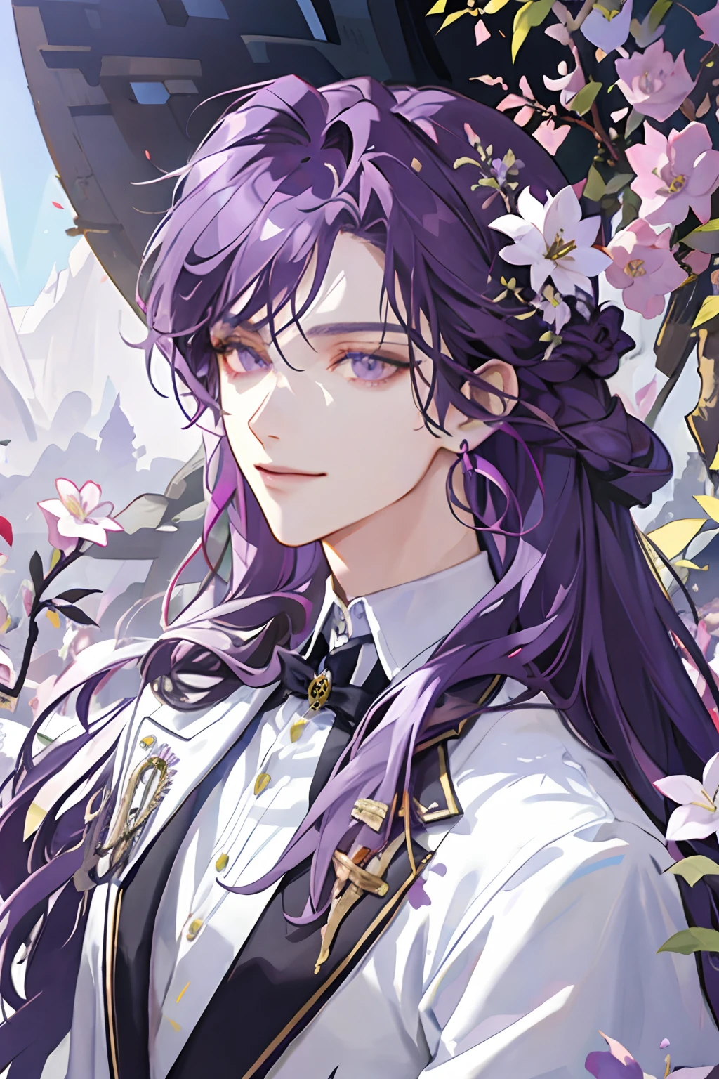 masterpiece: 1.2, best quality)), 1 man, long purple hair, purple eyes (handsome: 1.4), white suit, fantasy, uniform, royalty, forest, blooming flowers, sunlight, fantastic light and shadow, landscape , extremely detailed face, portrait, smile, red earrings, magician, archmage, matu
