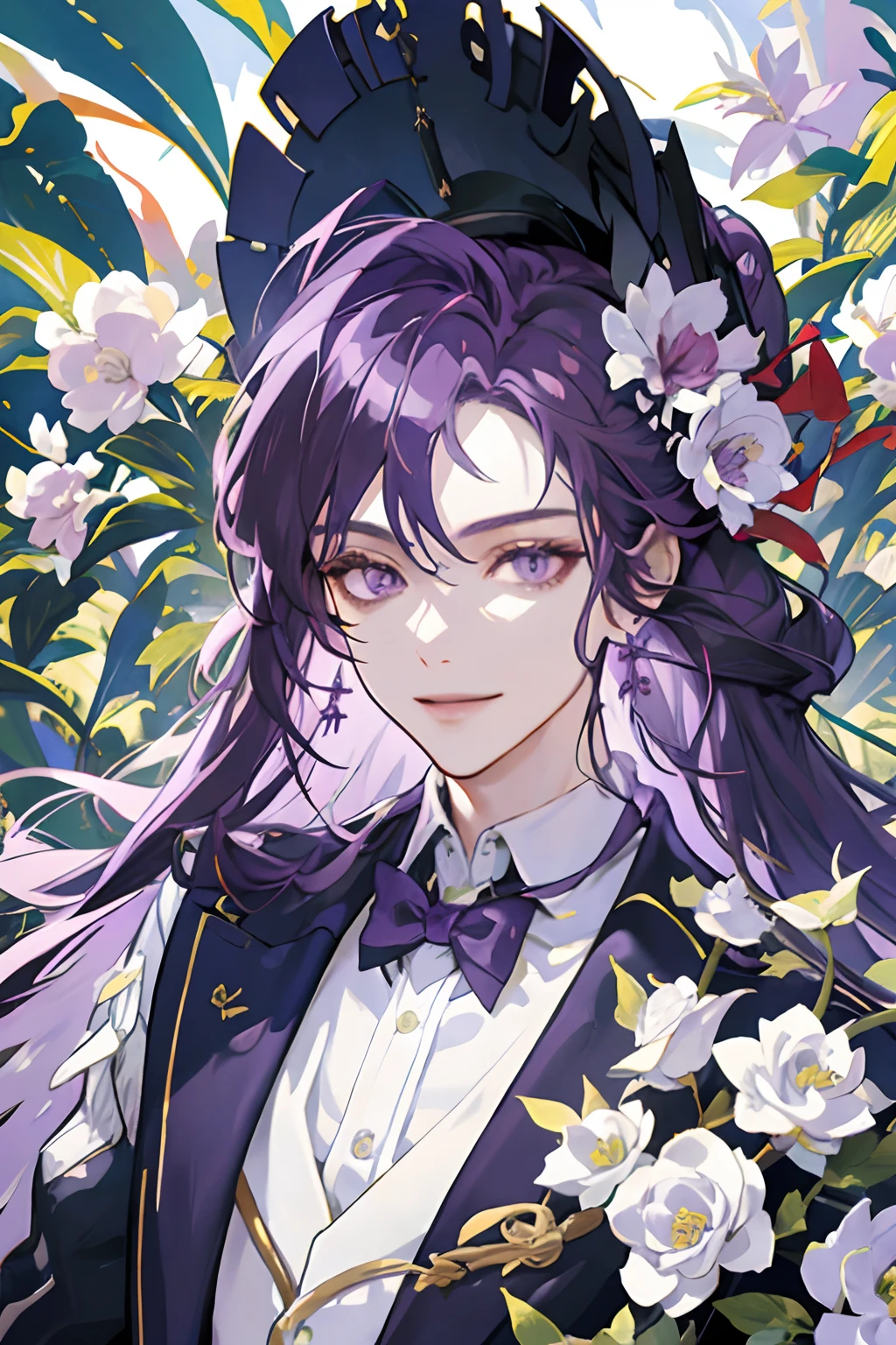 masterpiece: 1.2, best quality)), 1 man, long purple hair, purple eyes (handsome: 1.4), white suit, fantasy, uniform, royalty, forest, blooming flowers, sunlight, fantastic light and shadow, landscape , extremely detailed face, portrait, smile, red earrings, magician, archmage, matu