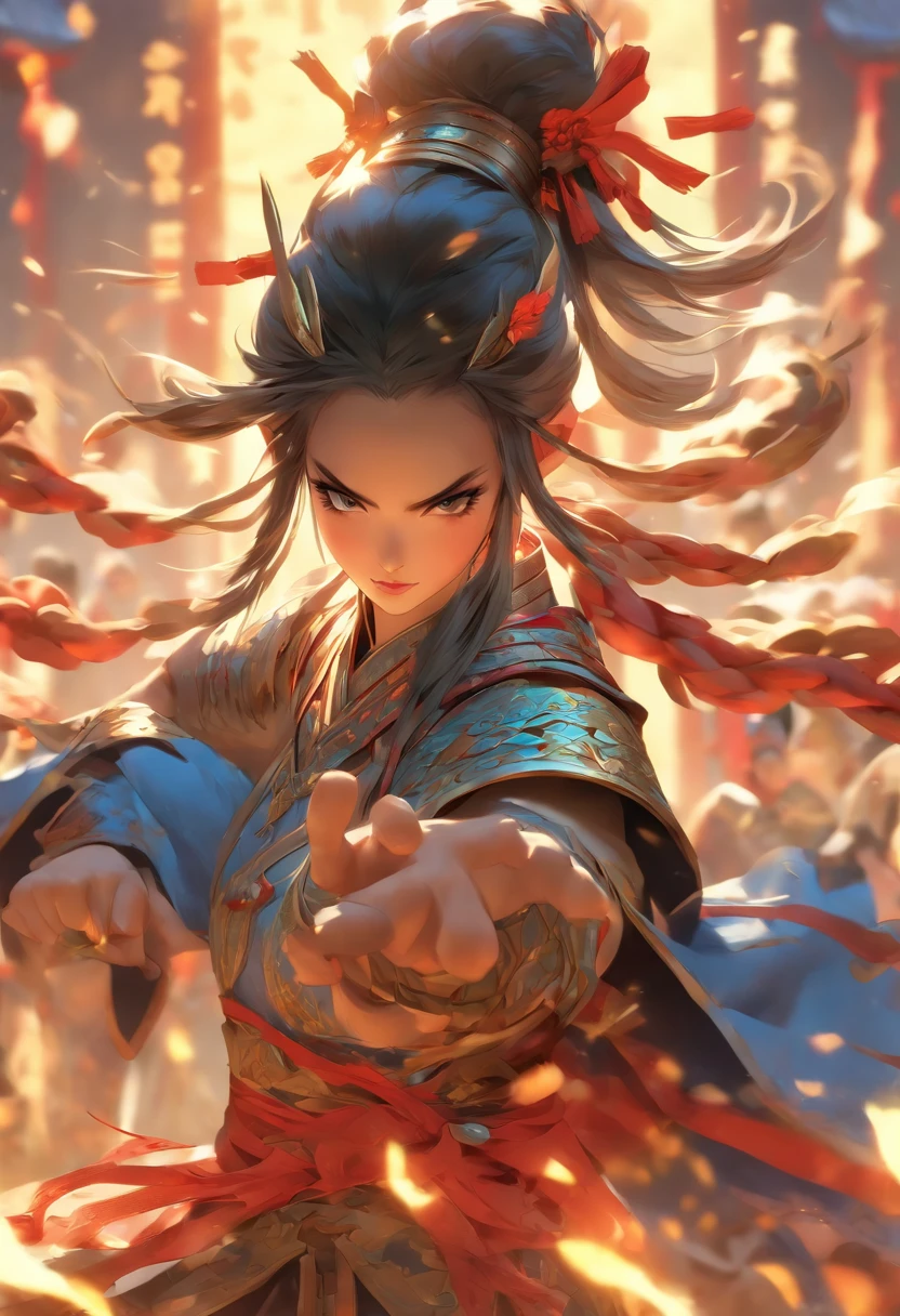 (((Chinese warrior))) best quality, very high resolution, detailed CG in 4K, masterpiece, woman, Erlang Shen, blue armor, Chinese people, Chinese tribes, Chinese city, forest, aesthetics, beautiful image, centered on screen , whole body