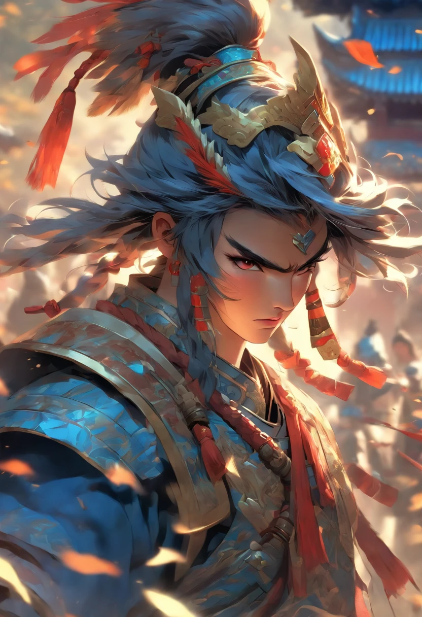 (((Chinese warrior))) best quality, very high resolution, detailed CG in 4K, masterpiece, woman, Erlang Shen, blue armor, Chinese people, Chinese tribes, Chinese city, forest, aesthetics, beautiful image, centered on screen , whole body
