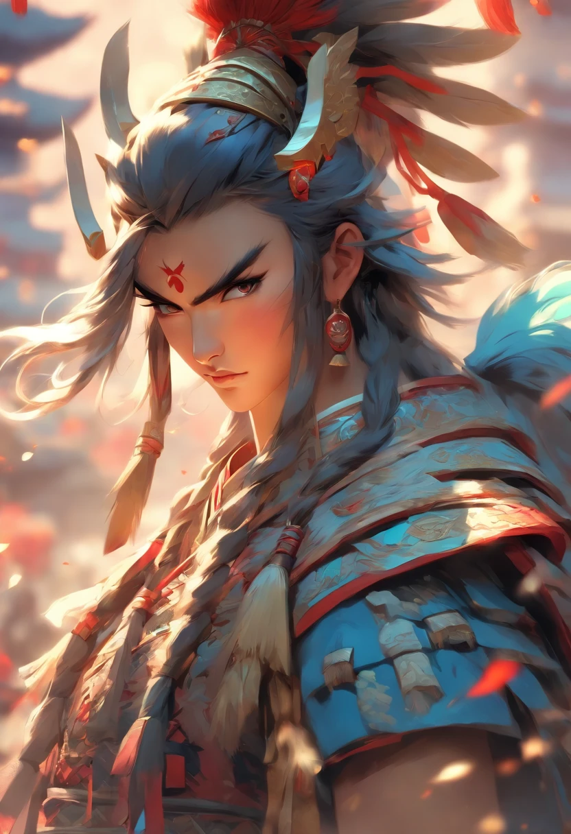 (((Chinese warrior))) best quality, very high resolution, detailed CG in 4K, masterpiece, woman, Erlang Shen, blue armor, Chinese people, Chinese tribes, Chinese city, forest, aesthetics, beautiful image, centered on screen , whole body