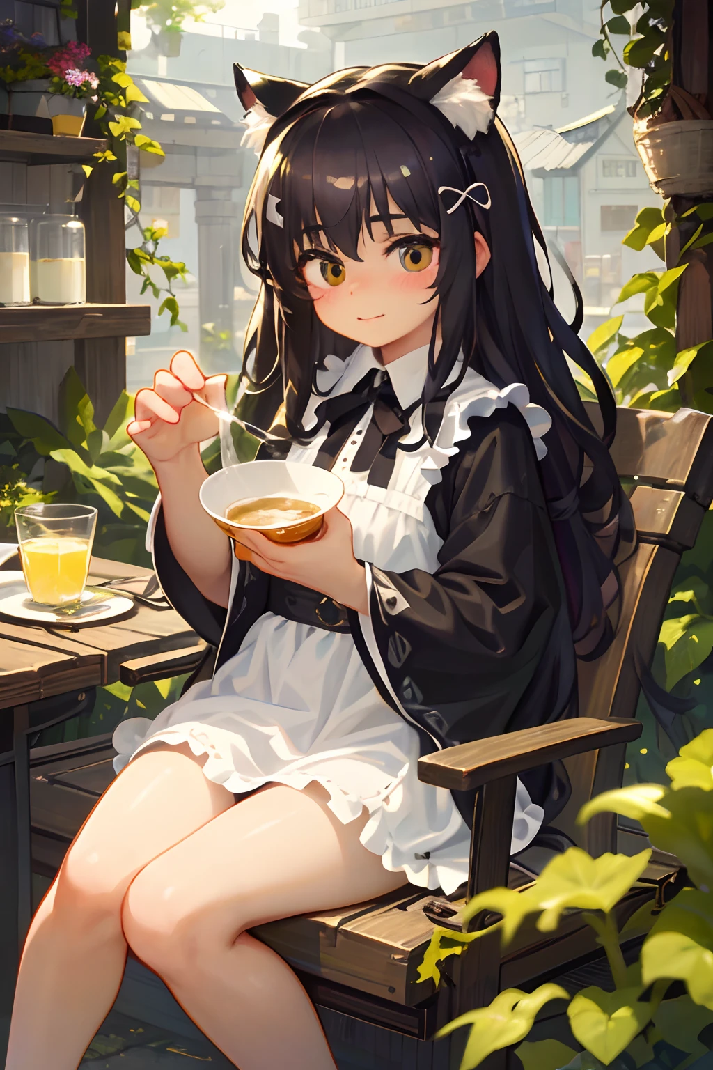 (best quality,4k,8k,highres,masterpiece:1.2),ultra-detailed,(realistic,photorealistic,photo-realistic:1.37),cute cat,girl,sitting on a cozy chair,enjoying a glass of milk,her face is covered with a joyful smile,beautiful detailed eyes,with long eyelashes and amber color,petite nose with a tiny pink nose tip,delicate lips,soft and shiny black hair,leaning against a window,where sunlight filters through white curtains,giving a warm and inviting atmosphere,the girl wears a cute dress with cat patterns,her paws peeking out from under the dress,creating an adorable image,surrounded by a garden filled with colorful flowers and lush greenery,butterflies fluttering around her,birds chirping in the background,creating a serene and peaceful ambiance,her milk glass is frothy and filled to the brim with delicious milk,cool to the touch as she takes a sip,brings a sense of refreshment and comfort,the artwork captures every detail precisely,from the fine texture of her dress to the intricate patterns on the curtains,the vibrant colors of the flowers and the soft fur of the cat,highlights and shadows are carefully rendered,emphasizing depth and dimension,with a touch of bokeh in the background,creating a dreamy and magical feel to the scene.