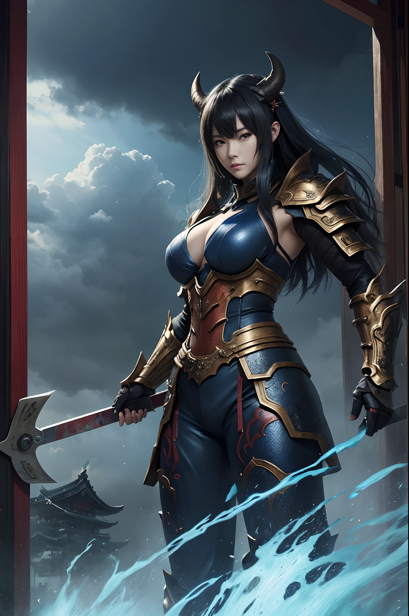(onimous)、Demon Mask、Super beautiful、Solo adult demon woman in blue armor、Like the whole body、(Armed with a long, large saw)、Mature Woman Big Female Demon。Rugged jaws(Like the real thing),Stand facing the front,Demon Armor,magnificent artwork,((Kyoto panel painting style))、Wind-effect:1.9、Cloud Effects:1.2、Full Rendering、Encaustic Painting,unrealengine,