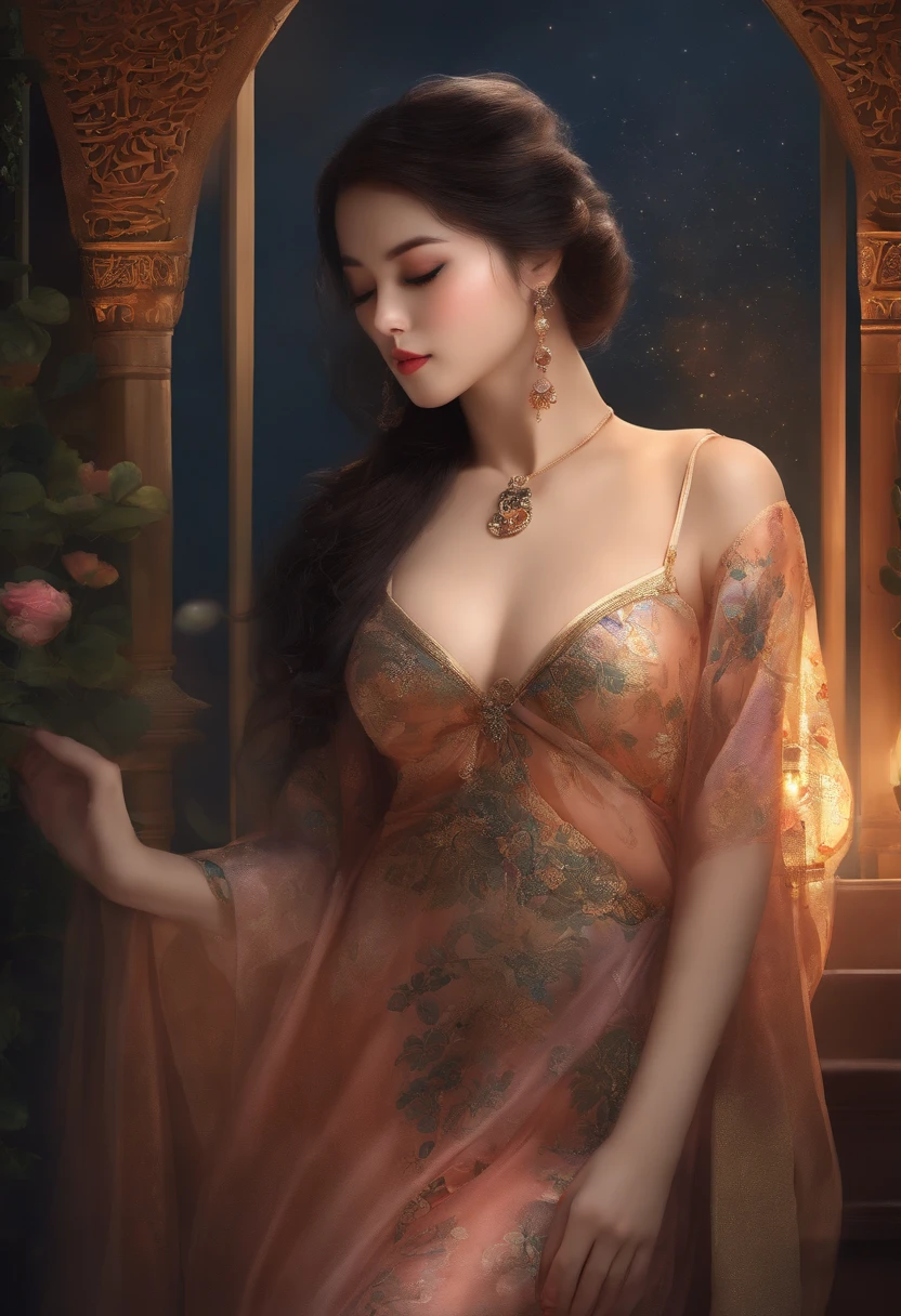 The art depicts a charming woman dressed in a flowing,  Oriental transparent dress, Decorated with sexy patterns and bright colors. Reveal small round butt, Her sheer dress hangs elegantly over her curvy figure, accentuating her seductive silhouette. She stood gracefully in the quiet moonlit night, bathed in the soft glow of the moonlight. The scene exudes an ethereal and dreamy atmosphere, With a touch of mystery and sexiness. The graphic style incorporates watercolor and digital illustration techniques，Evokes refined beauty and charm. The lights are filled with soft moonlight, casting soft highlights and shadows on her charming features. Bare buttocks, Three-dimensional facial features, lying on bed, Clear eyes, Topless,  Visible,full bodyesbian,