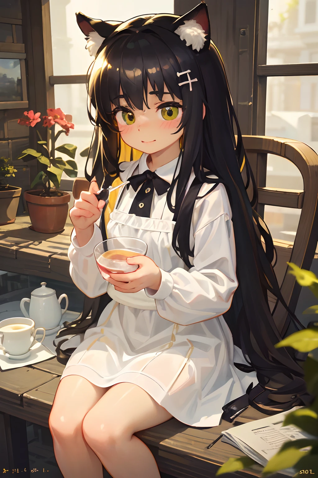 (best quality,4k,8k,highres,masterpiece:1.2),ultra-detailed,(realistic,photorealistic,photo-realistic:1.37),cute cat,girl,sitting on a cozy chair,enjoying a glass of milk,her face is covered with a joyful smile,beautiful detailed eyes,with long eyelashes and amber color,petite nose with a tiny pink nose tip,delicate lips,soft and shiny black hair,leaning against a window,where sunlight filters through white curtains,giving a warm and inviting atmosphere,the girl wears a cute dress with cat patterns,her paws peeking out from under the dress,creating an adorable image,surrounded by a garden filled with colorful flowers and lush greenery,butterflies fluttering around her,birds chirping in the background,creating a serene and peaceful ambiance,her milk glass is frothy and filled to the brim with delicious milk,cool to the touch as she takes a sip,brings a sense of refreshment and comfort,the artwork captures every detail precisely,from the fine texture of her dress to the intricate patterns on the curtains,the vibrant colors of the flowers and the soft fur of the cat,highlights and shadows are carefully rendered,emphasizing depth and dimension,with a touch of bokeh in the background,creating a dreamy and magical feel to the scene.