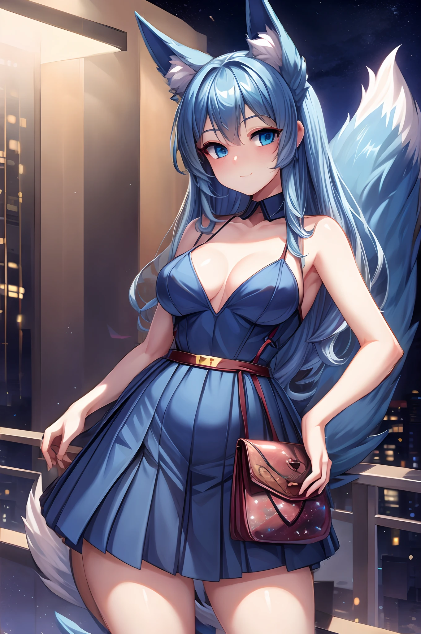 Redraw the background to a Cityscape at night background, she also has a big fluffy blue dogtail