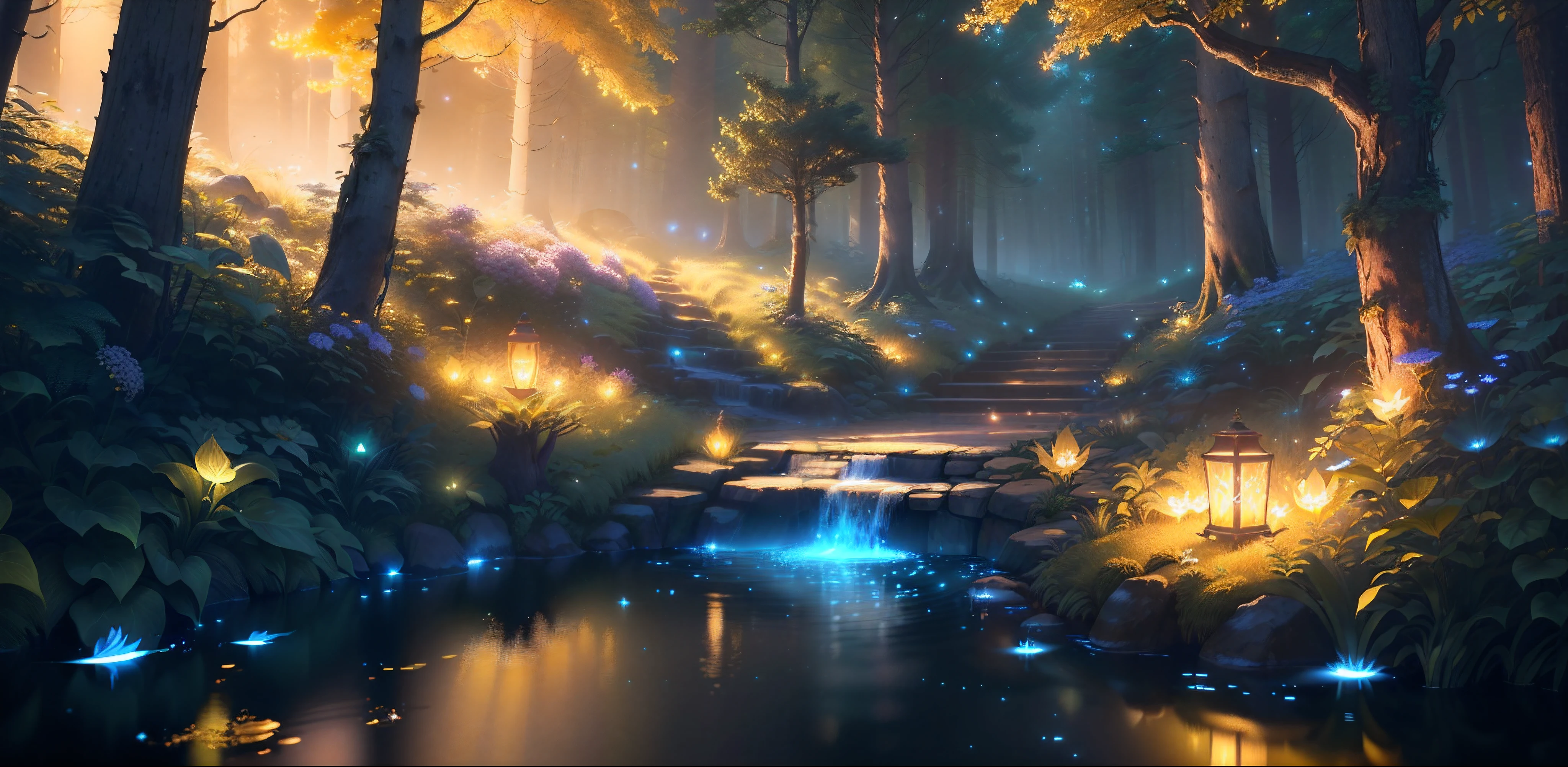 Masterpiece, best quality, (very detailed CG unity 8k wallpaper), (best quality), (best illustration), (best shadows), glow sprite, with a glowing deer, in a pool Drinking water, natural elements in the forest theme. Mysterious forest, beautiful forest, nature, surrounded by flowers, delicate leaves and branches surrounded by fireflies (natural elements), (jungle theme), (leaves), (twigs), (fireflies), (particle effects), etc. 3D, Octane rendering, ray tracing, ultra-detailed