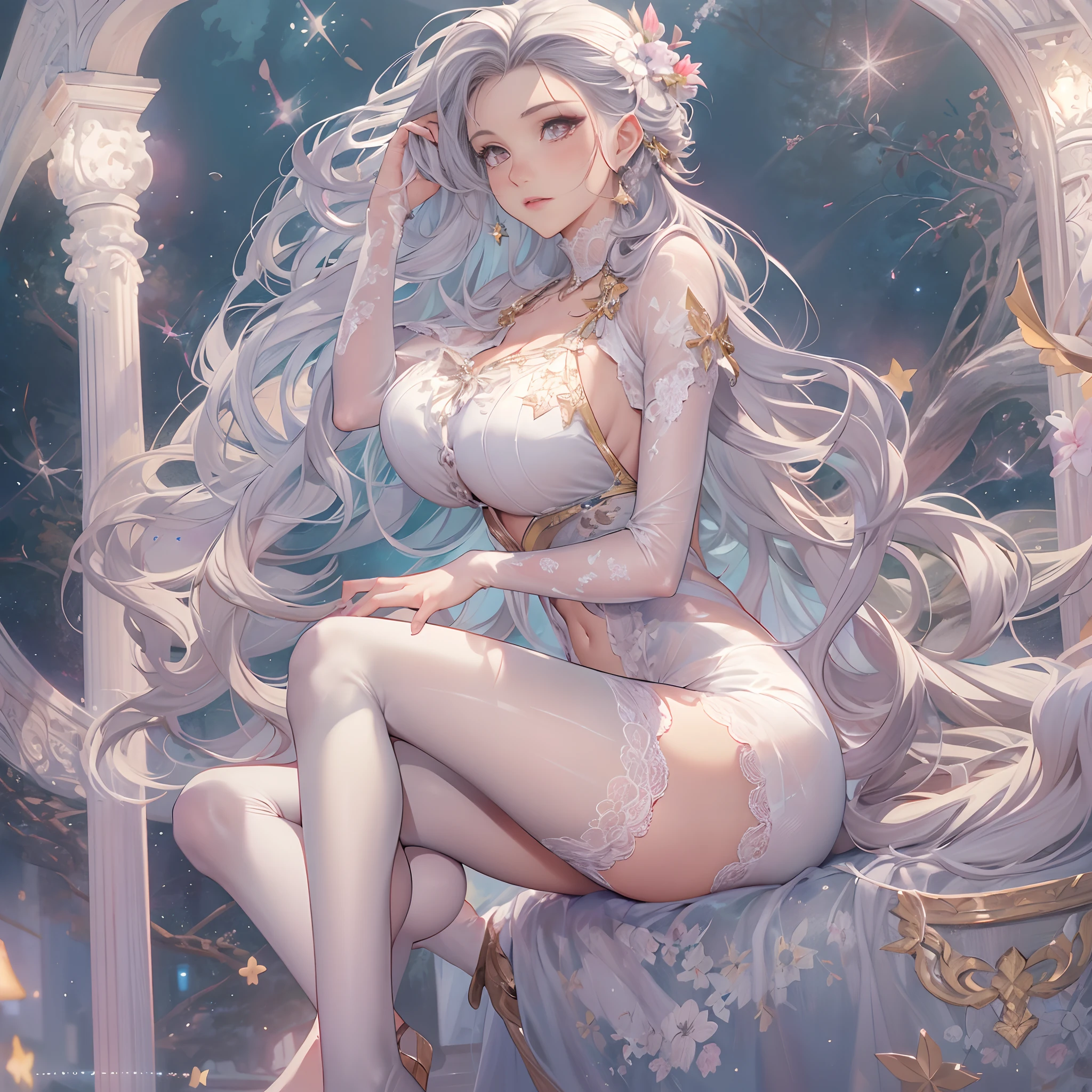 ((Masterpiece, Highest quality)), Detailed face, CharacterDesignSheet, full bodyesbian, Full of details, Multiple poses and expressions, Highly detailed, Depth, Many parts,1girll,Starry sky clouds,Extremely beautiful,brightly,Natural light, Lace,lacepantyhose