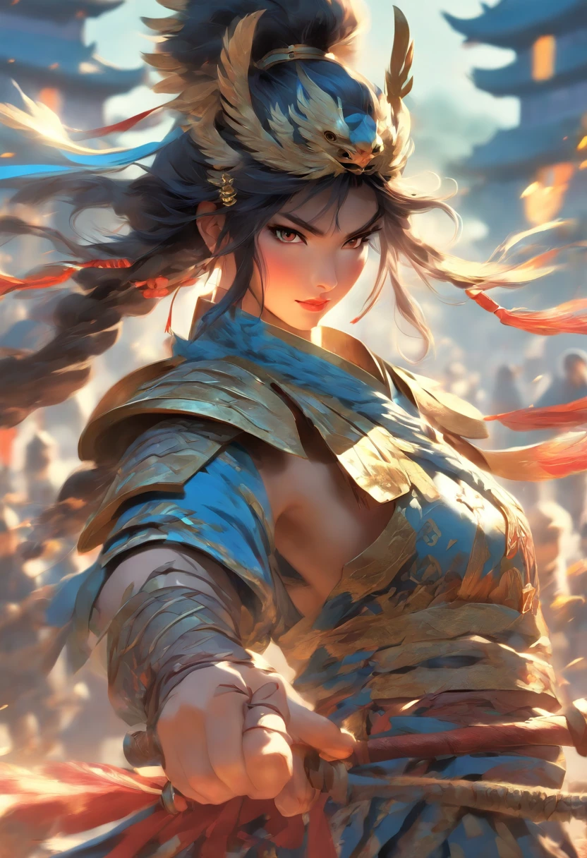 Close-up of poster of a person flying in the sky, Chinese martial arts movie promotional image,Animated Poster Movie Still Portrait, Multicolor fit piece,Promotional poster, very high budget movie, The girl is running,Super beautiful girl,A beautiful girl with a slim figure,Beautiful nipples,Small breasts,Flat boobs,