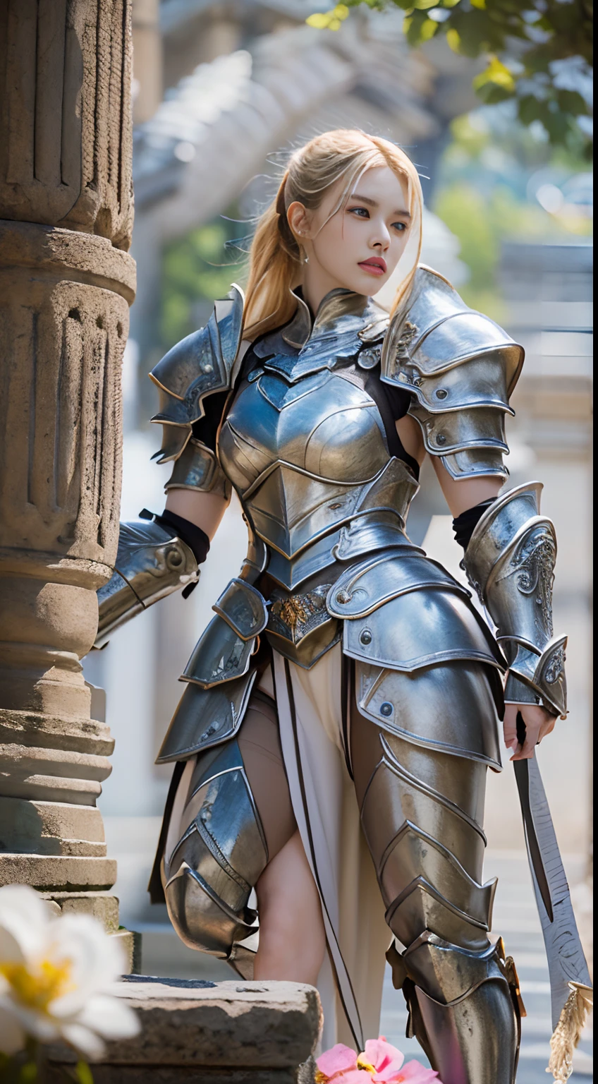 (8K, best quality:1.2), (masterpiece:1.37), (photo, photoPractical:1.37), (Ultra-high resolution),whole body,Depth of Field,The upper part of the armor has a deep V-neck slit that reveals the chest,Huge breasts,The lower part is a miniskirt-style skirt., Exposing golden thong,Full body, Walking posture, shot From Front, Slow Motion, Female paladin wearing the Full body, (Light silver armor:1.2),(Richly decorated armor), (Extremely detailed, bloom:1.5), (best quality, Alessandro Casagrande, Greg Rutkowski, Sally Mann, Concept Art, 4K), (simulation:1.2), (high sharpness), (Detailed student:1.1), detailed Face and eyes, masterpiece, best quality, (highly detailed photo:1.1), (Long blond hair, Ponytail,ecstatic:1.1), (Young woman:1.1), sharp, (perFect body:1.1), Practical, True Shadows, 3d, (Temple Background:1.2), (Michelangelo), photographed by Canan EOS R6, 135 mm, 1/1250s, F/2.8, ISO 400