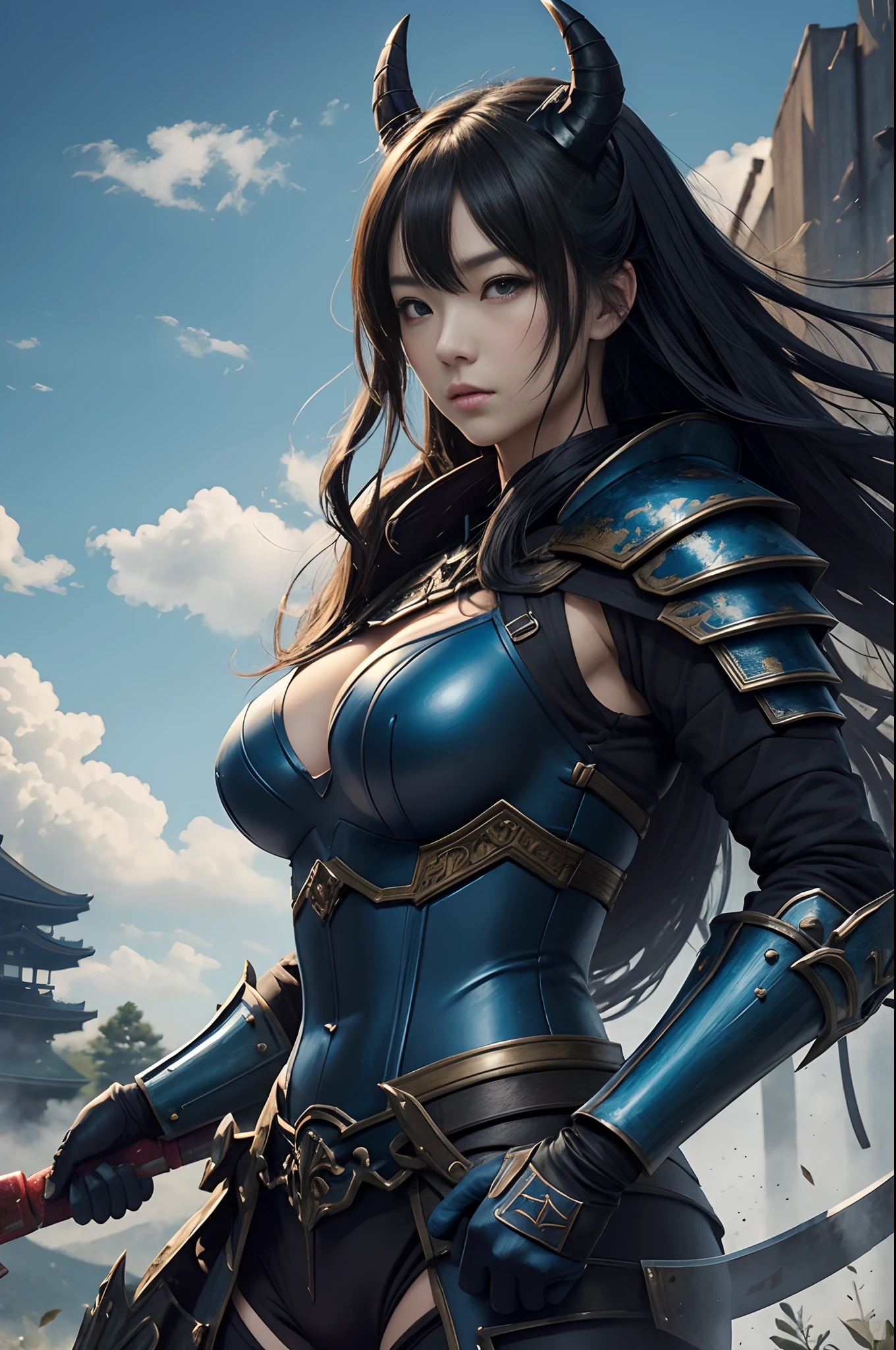 (onimous)、Demon Mask、Super beautiful、Solo adult demon woman in blue armor、Like the whole body、(Armed with a long, large saw)、Mature Woman Big Female Demon。Rugged jaws(Like the real thing),Stand facing the front,A sexy,Demon Armor,magnificent artwork,((Kyoto panel painting style))、Wind-effect:1.9、Cloud Effects:1.2、Full Rendering、Encaustic Painting,unrealengine,