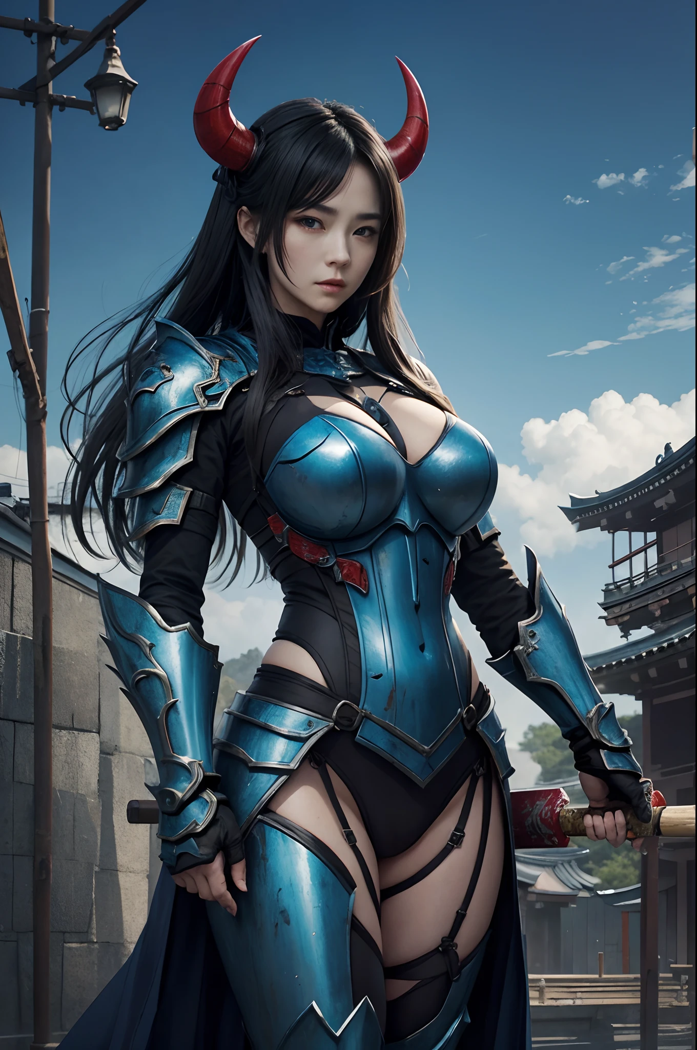 (onimous)、Demon Mask、Super beautiful、Solo adult demon woman in blue armor、Like the whole body、(Armed with a long, large saw)、Mature Woman Big Female Demon。Rugged jaws(Like the real thing),Stand facing the front,A sexy,Demon Armor,magnificent artwork,((Kyoto panel painting style))、Wind-effect:1.9、Cloud Effects:1.2、Full Rendering、Encaustic Painting,unrealengine,