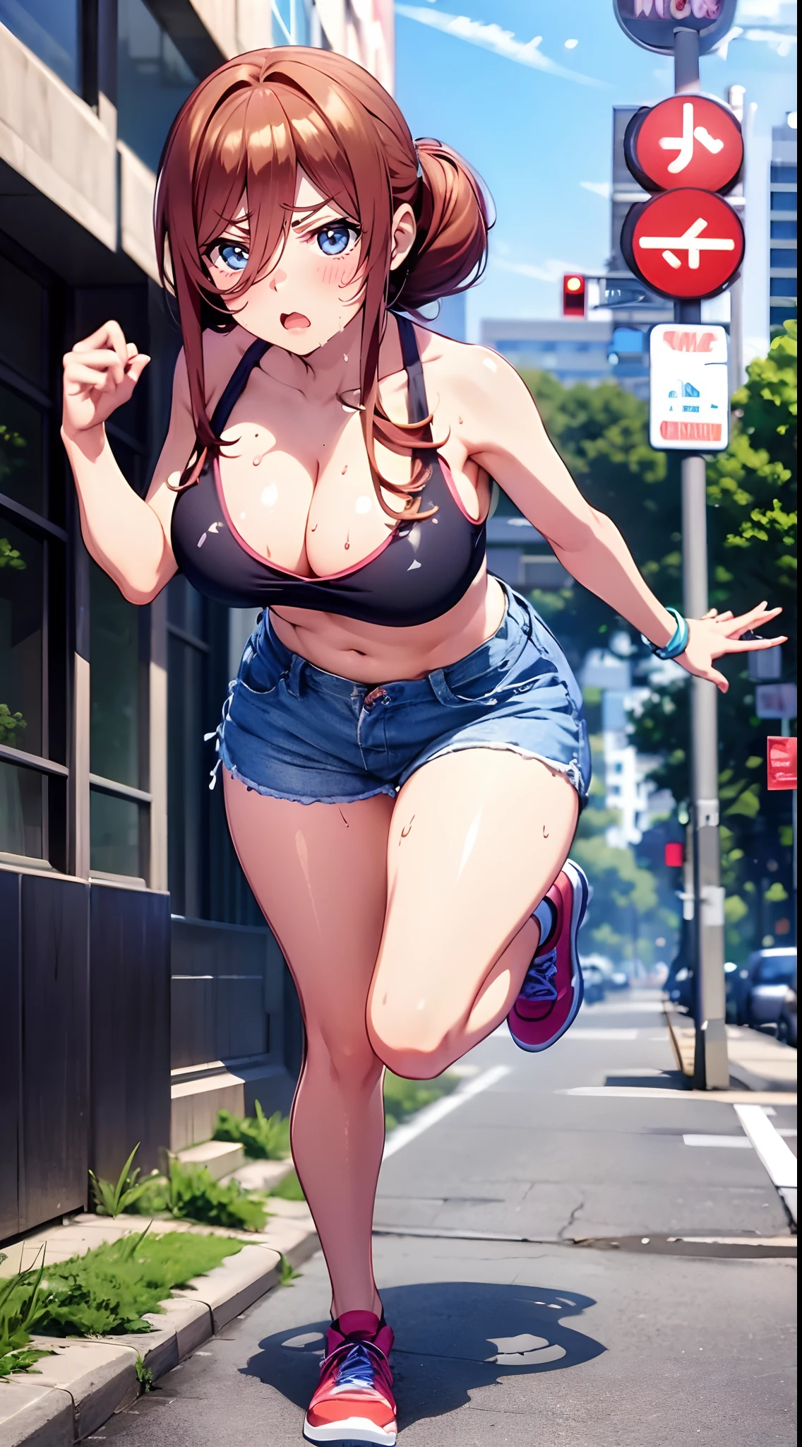 Big Pouting Face, Miku Nakano, running poses in a modern City street, looking backward to the veiwers, straight off shoulder, medium boobs:1.2, slime body shape, full body veiw, 4k ultra high quality, wearing denim shorts, realistic,