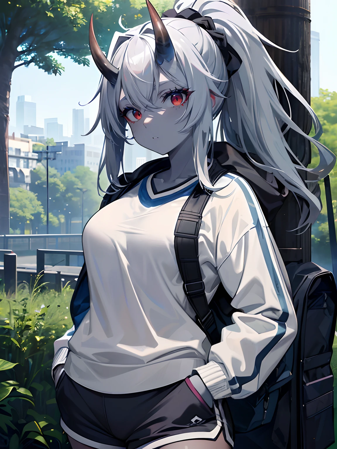 (masterpiece,best quality,ultra-detailed),1girl,messy hairstyle,thick hair, ponytail,(oni horns),(colored skin,gray-blue skin), beautiful and detailed face,medium breasts,detailed eyes,shorts,tracksuit,sportswear,(grey theme),in a park,hands in pockets