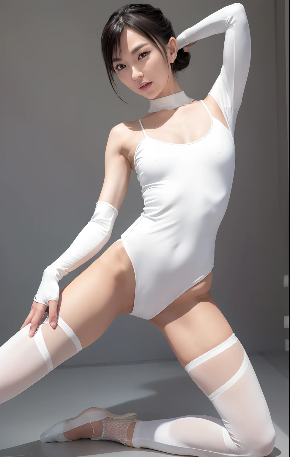 Alphard ballerina , wearing a tights, wearing white straitjacket, tightsuit, smooth white tight clothes suit, graceful body structure, girl graceful, leotard and leg warmers, Tight clothing, thin bodysuit, zentai suit, elegant floating pose, slender symmetrical body, ballet style pose